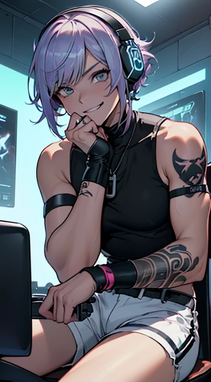 top quality、Top image quality、Meisterwerk、girls with((18 Jahre alt、Cooler Hut、Tattoo auf der rechten Schulter、Schwarzes Nabel-Tanktop、white shorts、Best Bust、Bust 85、Lila Haare、Langhaar、blaue Augen、Open your chest wide、happiness、Kettenzubehör、Schwarzes Armband am Handgelenk、Eine schlanke、a smile、Habe einen Controller、Sexy Aufnahmen、Gaming Headphones、Alle Viere posieren)）high quality、Visuelle Kunst、Magazin-Cover-Stil、Hintergrund mit((Neonfarbener Raum、Gaming-PC、Gaming-Schreibtisch、Gaming-Stuhl、Gaming-Bett、Spielekonsole、Atmosphere of the night))、Tischplatte、Tiefe(Cyber) ahegao face, seducive face, horney