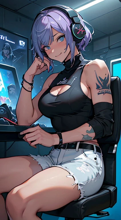 top quality、Top image quality、Meisterwerk、girls with((18 Jahre alt、Cooler Hut、Tattoo auf der rechten Schulter、Schwarzes Nabel-Tanktop、white shorts、Best Bust、Bust 85、Lila Haare、Langhaar、blaue Augen、Open your chest wide、happiness、Kettenzubehör、Schwarzes Armband am Handgelenk、Eine schlanke、a smile、Habe einen Controller、Sexy Aufnahmen、Gaming Headphones、Alle Viere posieren)）high quality、Visuelle Kunst、Magazin-Cover-Stil、Hintergrund mit((Neonfarbener Raum、Gaming-PC、Gaming-Schreibtisch、Gaming-Stuhl、Gaming-Bett、Spielekonsole、Atmosphere of the night))、Tischplatte、Tiefe(Cyber) ahegao face, seducive face, horney