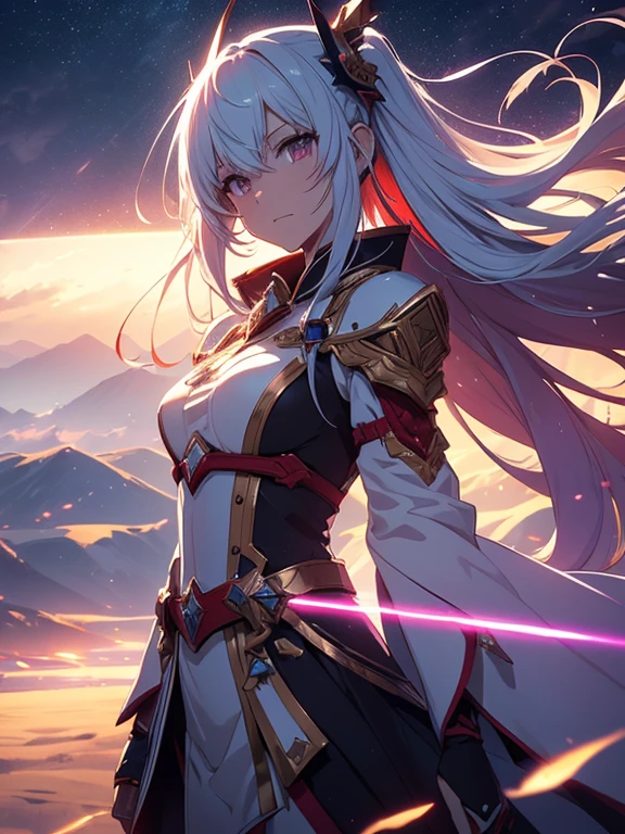 as yuuki, With two swords, White combat uniform, star Alicezation, Red strokes that simulate the speed of the character, battle mode, (surreal), {Highly detailed 8k CG unit wallpaper}, vast landscape photography, (A central view that prioritizes the entire character, (wide open field view), (low angle shot), (highlight: 1.5), (weak light: 1.0), (warm light source: 1.0), intricate details, (rainbow colors: 1.0), (bright lighting), (atmosphere lighting), star, dream-like, anime