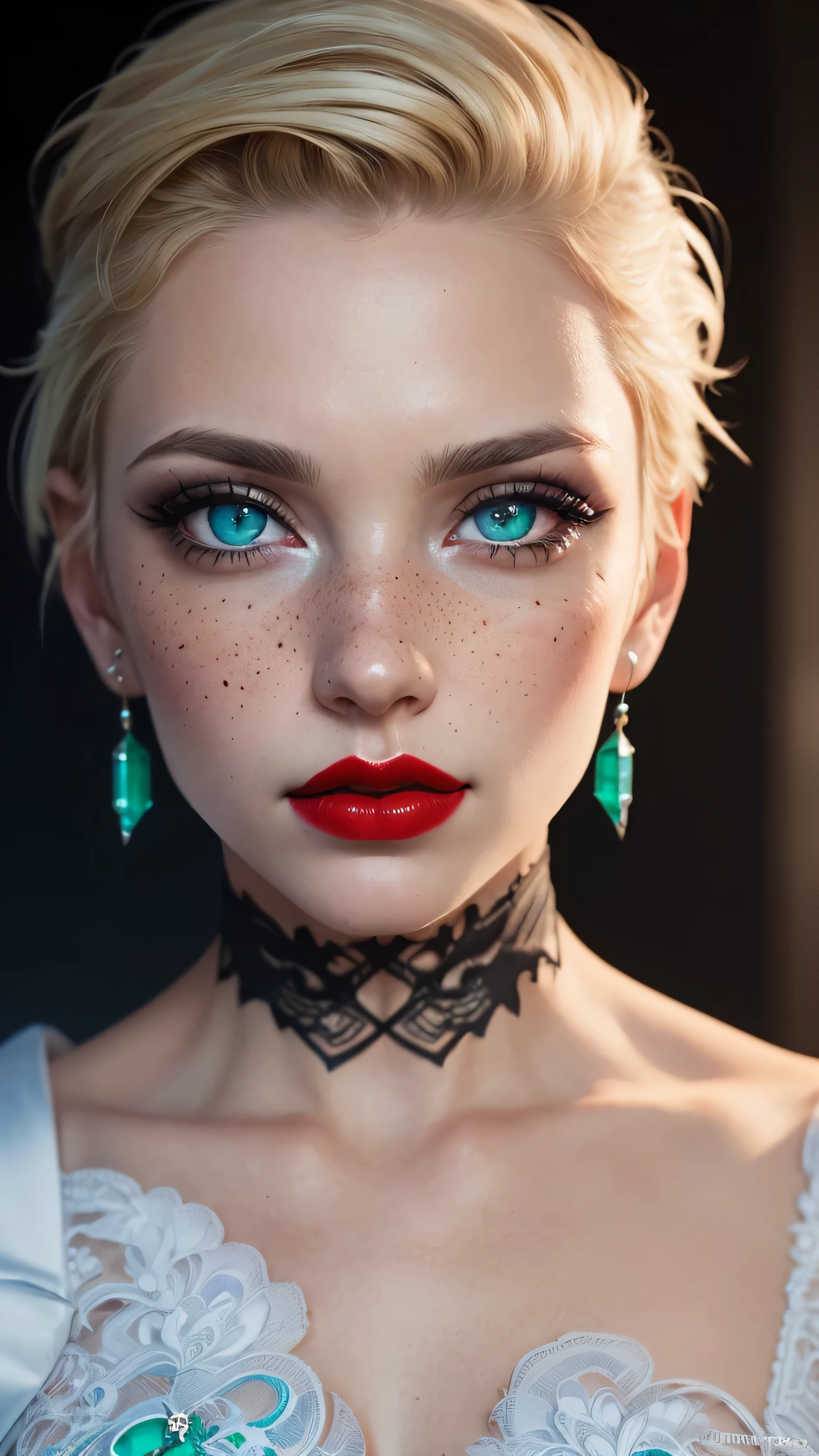 ((best quality: 1.5)) ((masterpiece: 0.8)), intricate details, sharp focus, professional, real life, realistic representation of the face, dim volumetric lighting, dynamic pose, in the style of realistic and hyper detailed renderings BREAK (detailed 30 year old android woman, ((((blackout gothic eye makeup, portrait, red lips)) clear blue eyes, short blonde hair, shaved sides),  emerald, nose piercing, determined expression)), photorealistic, hyper-realistic, 8K