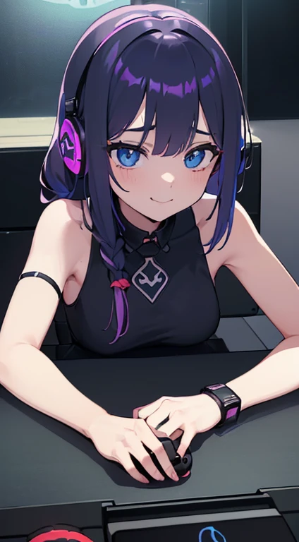 top quality、Top image quality、Meisterwerk、girls with((18 Jahre alt、Cooler Hut、Tattoo auf der rechten Schulter、Schwarzes Nabel-Tanktop、white shorts、Best Bust、Bust 85、Lila Haare、Langhaar、blaue Augen、Open your chest wide、happiness、Kettenzubehör、Schwarzes Armband am Handgelenk、Eine schlanke、a smile、Habe einen Controller、Sexy Aufnahmen、Gaming Headphones、Alle Viere posieren)）high quality、Visuelle Kunst、Magazin-Cover-Stil、Hintergrund mit((Neonfarbener Raum、Gaming-PC、Gaming-Schreibtisch、Gaming-Stuhl、Gaming-Bett、Spielekonsole、Atmosphere of the night))、Tischplatte、Tiefe(Cyber) ahegao face, seducive face, horney