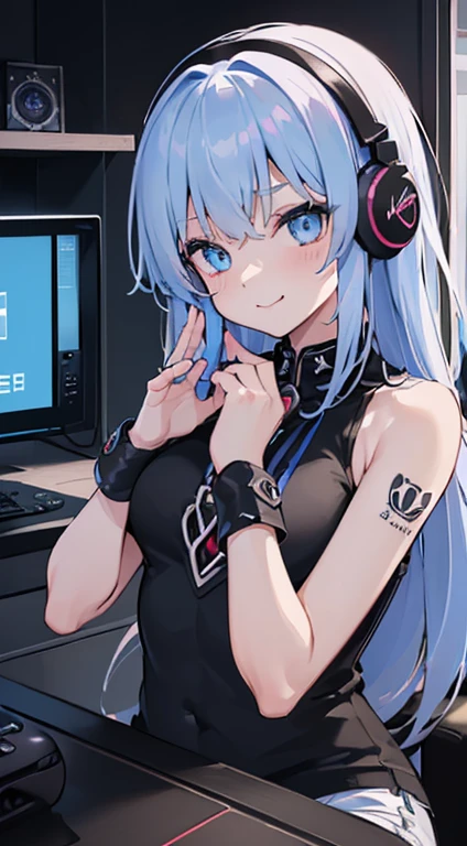 top quality、Top image quality、Meisterwerk、girls with((18 Jahre alt、Cooler Hut、Tattoo auf der rechten Schulter、Schwarzes Nabel-Tanktop、white shorts、Best Bust、Bust 85、Lila Haare、Langhaar、blaue Augen、Open your chest wide、happiness、Kettenzubehör、Schwarzes Armband am Handgelenk、Eine schlanke、a smile、Habe einen Controller、Sexy Aufnahmen、Gaming Headphones、Alle Viere posieren))high quality、Visuelle Kunst、Magazin-Cover-Stil、Hintergrund mit((Neonfarbener Raum、Gaming-PC、Gaming-Schreibtisch、Gaming-Stuhl、Gaming-Bett、Spielekonsole、Atmosphere of the night))、Tischplatte、Tiefe(Cyber) ahegao face, seducive face, horney