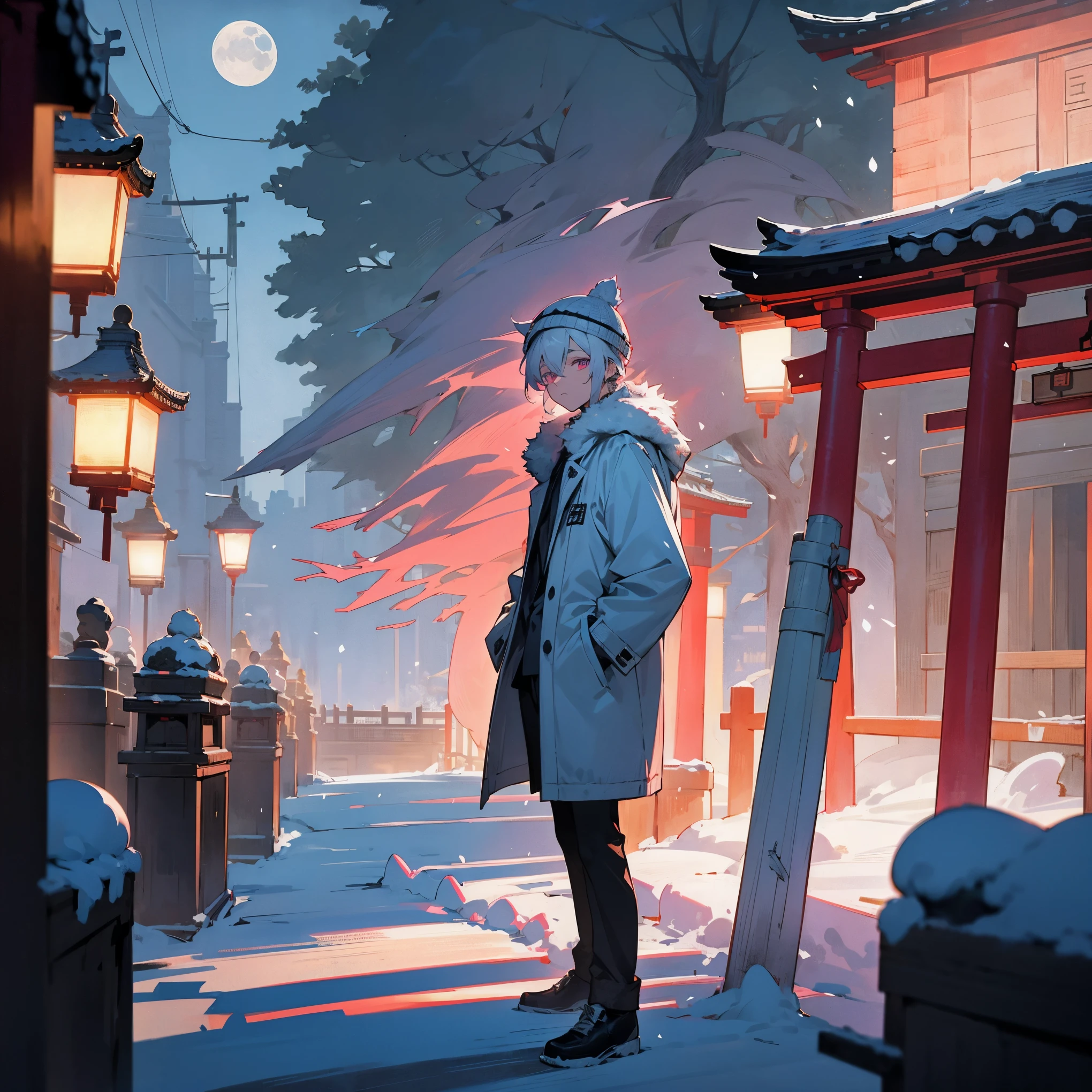 1male, , medium messy white hair with blue highlights, finely detailed pink eyes, coat with fur, sweater, beanie, standing on street, best lighting and shadows, tokyo, lanterns, confident, moonlight, nighttime, snow, shrine gate