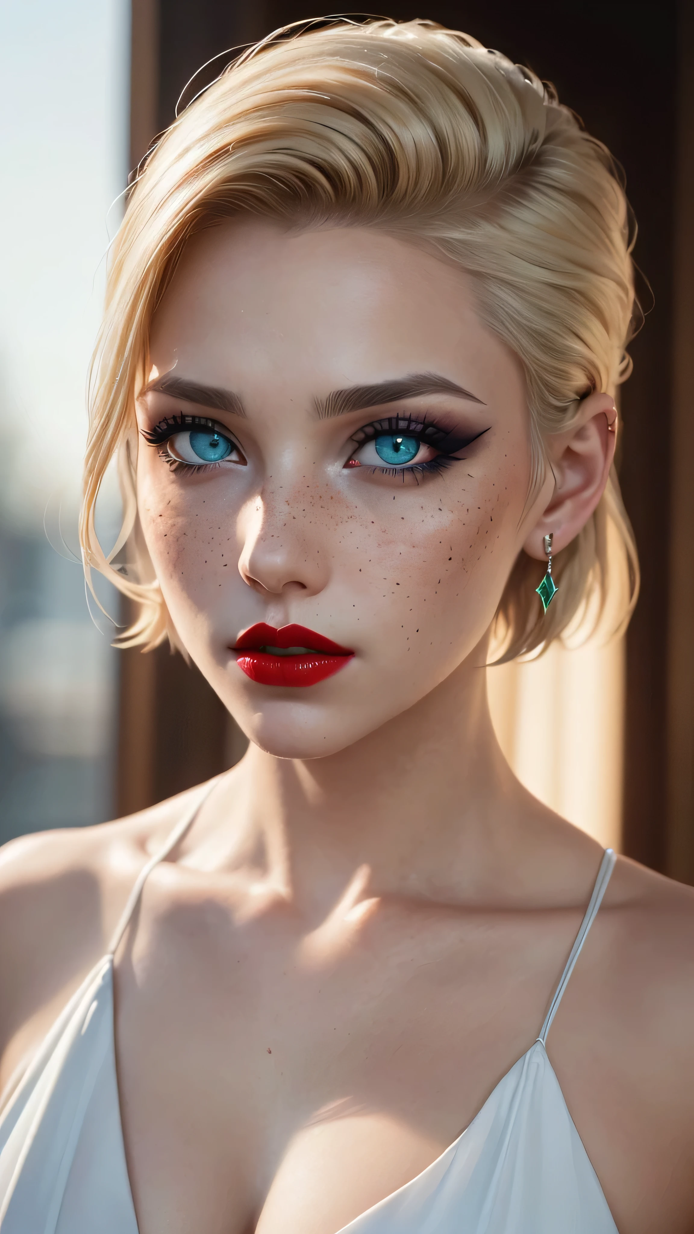 ((best quality: 1.5)) ((masterpiece: 0.8)), intricate details, sharp focus, professional, real life, realistic representation of the face, dim volumetric lighting, dynamic pose, in the style of realistic and hyper detailed renderings BREAK (detailed 30 year old android woman, ((((blackout gothic eye makeup, portrait, red lips)) clear blue eyes, short blonde hair, shaved sides),  emerald, nose piercing, determined expression)), photorealistic, hyper-realistic, 8K