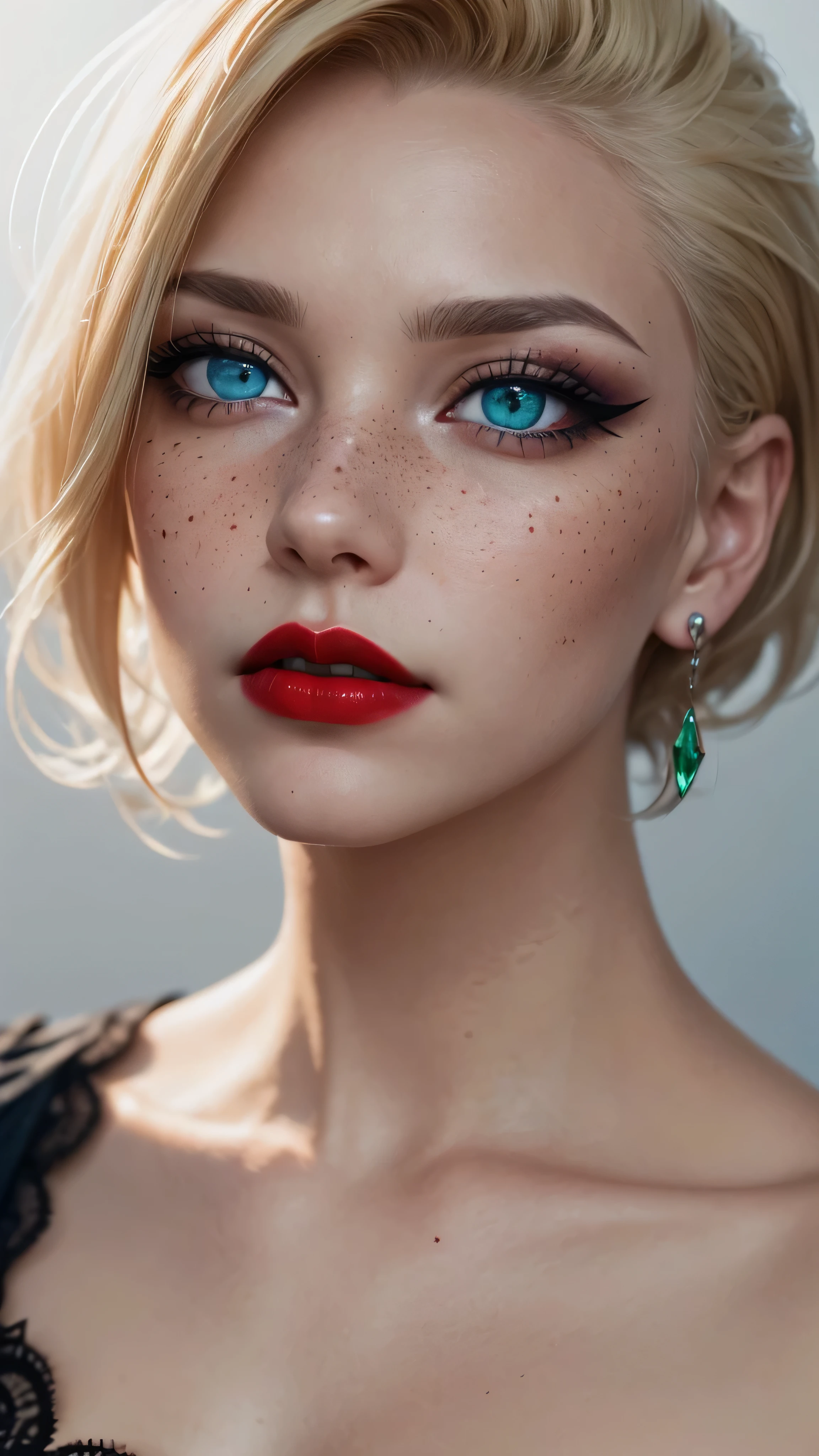 ((best quality: 1.5)) ((masterpiece: 0.8)), intricate details, sharp focus, professional, real life, realistic representation of the face, dim volumetric lighting, dynamic pose, in the style of realistic and hyper detailed renderings BREAK (detailed 30 year old android woman, ((((blackout gothic eye makeup, portrait, red lips)) clear blue eyes, short blonde hair, shaved sides),  emerald, nose piercing, determined expression)), photorealistic, hyper-realistic, 8K