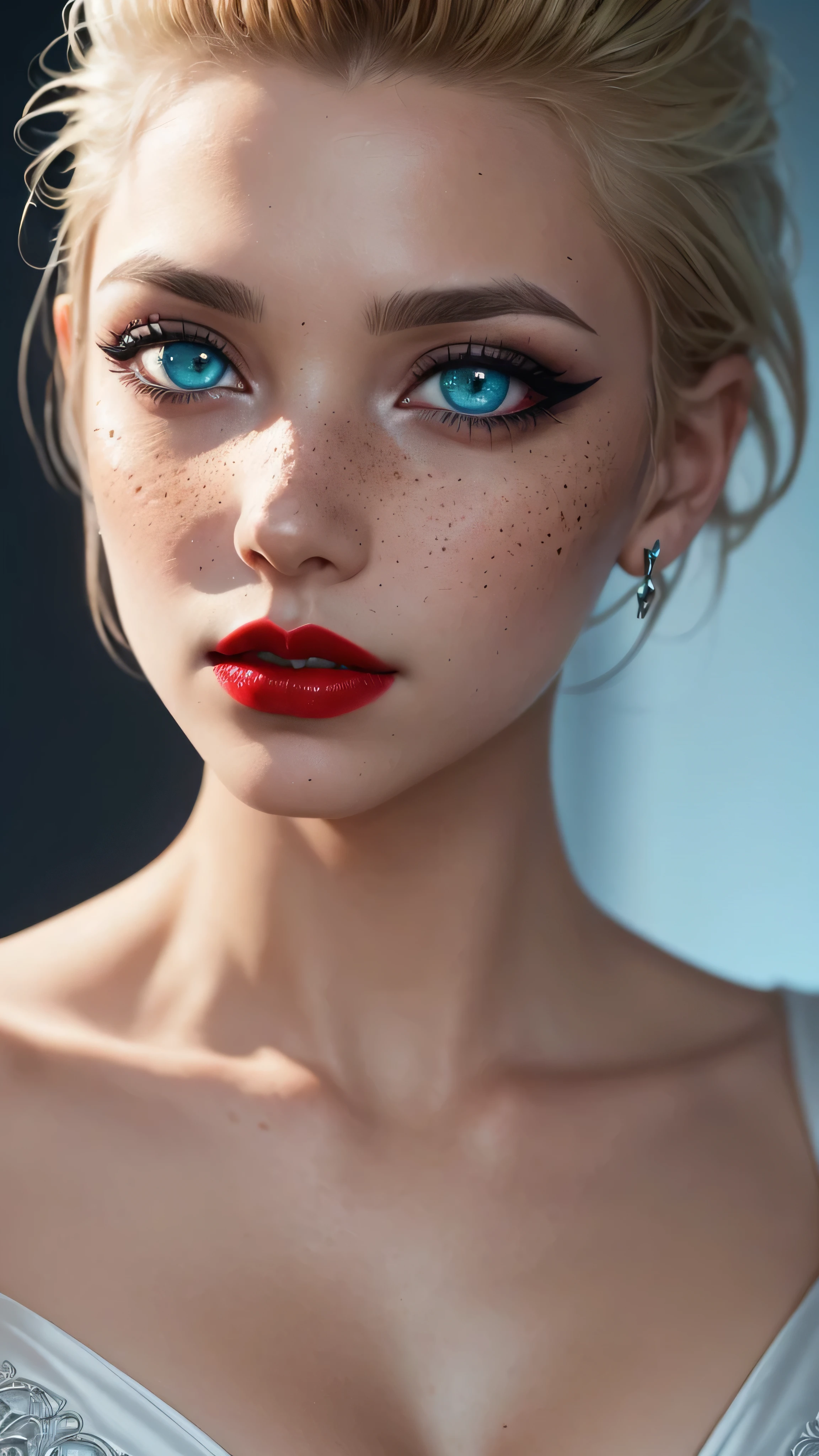 ((best quality: 1.5)) ((masterpiece: 0.8)), intricate details, sharp focus, professional, real life, realistic representation of the face, dim volumetric lighting, dynamic pose, in the style of realistic and hyper detailed renderings BREAK (detailed 30 year old android woman, ((((blackout gothic eye makeup, portrait, red lips)) clear blue eyes, short blonde hair, shaved sides),  emerald, nose piercing, determined expression)), photorealistic, hyper-realistic, 8K