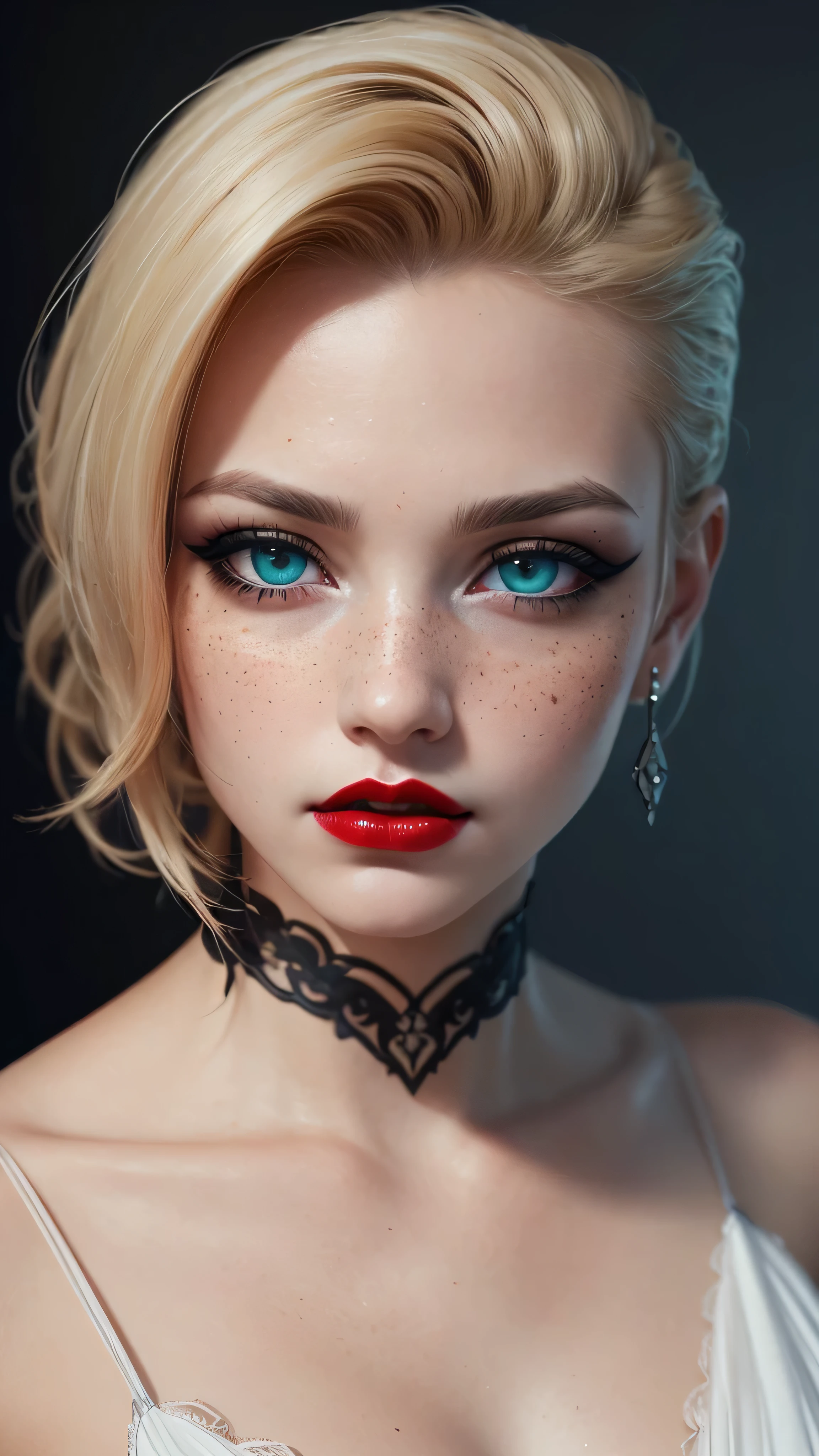 ((best quality: 1.5)) ((masterpiece: 0.8)), intricate details, sharp focus, professional, real life, realistic representation of the face, dim volumetric lighting, dynamic pose, in the style of realistic and hyper detailed renderings BREAK (detailed 30 year old android woman, ((((blackout gothic eye makeup, portrait, red lips)) clear blue eyes, short blonde hair, shaved sides),  emerald, nose piercing, determined expression)), photorealistic, hyper-realistic, 8K