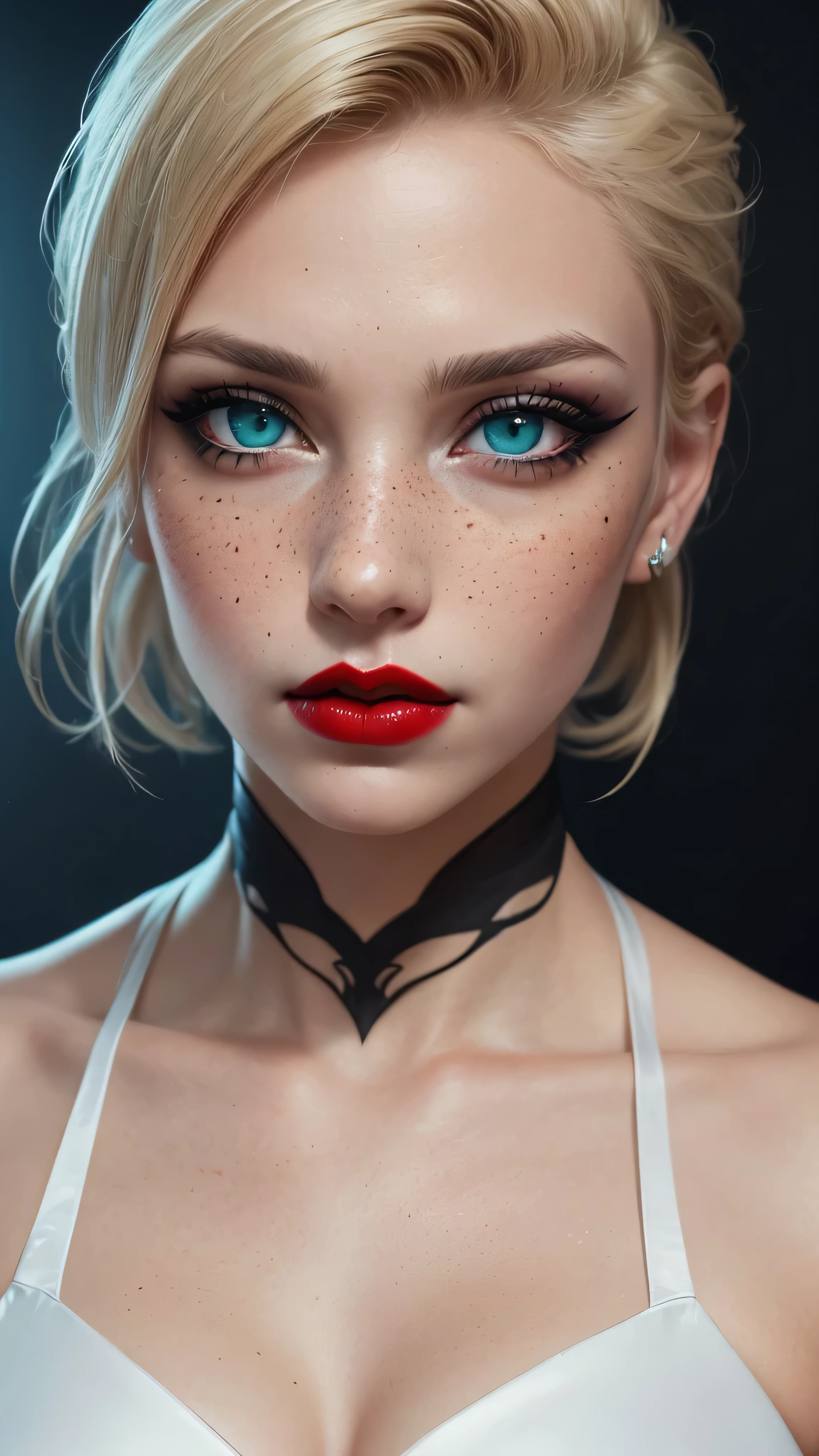 ((best quality: 1.5)) ((masterpiece: 0.8)), intricate details, sharp focus, professional, real life, realistic representation of the face, dim volumetric lighting, dynamic pose, in the style of realistic and hyper detailed renderings BREAK (detailed 30 year old android woman, ((((blackout gothic eye makeup, portrait, red lips, cleft chin)), clear blue eyes, short blonde hair, shaved sides, white satin evening gown), emerald, nose piercing, determined expression), freckles: 1.1), photorealistic, hyper-realistic, 8K