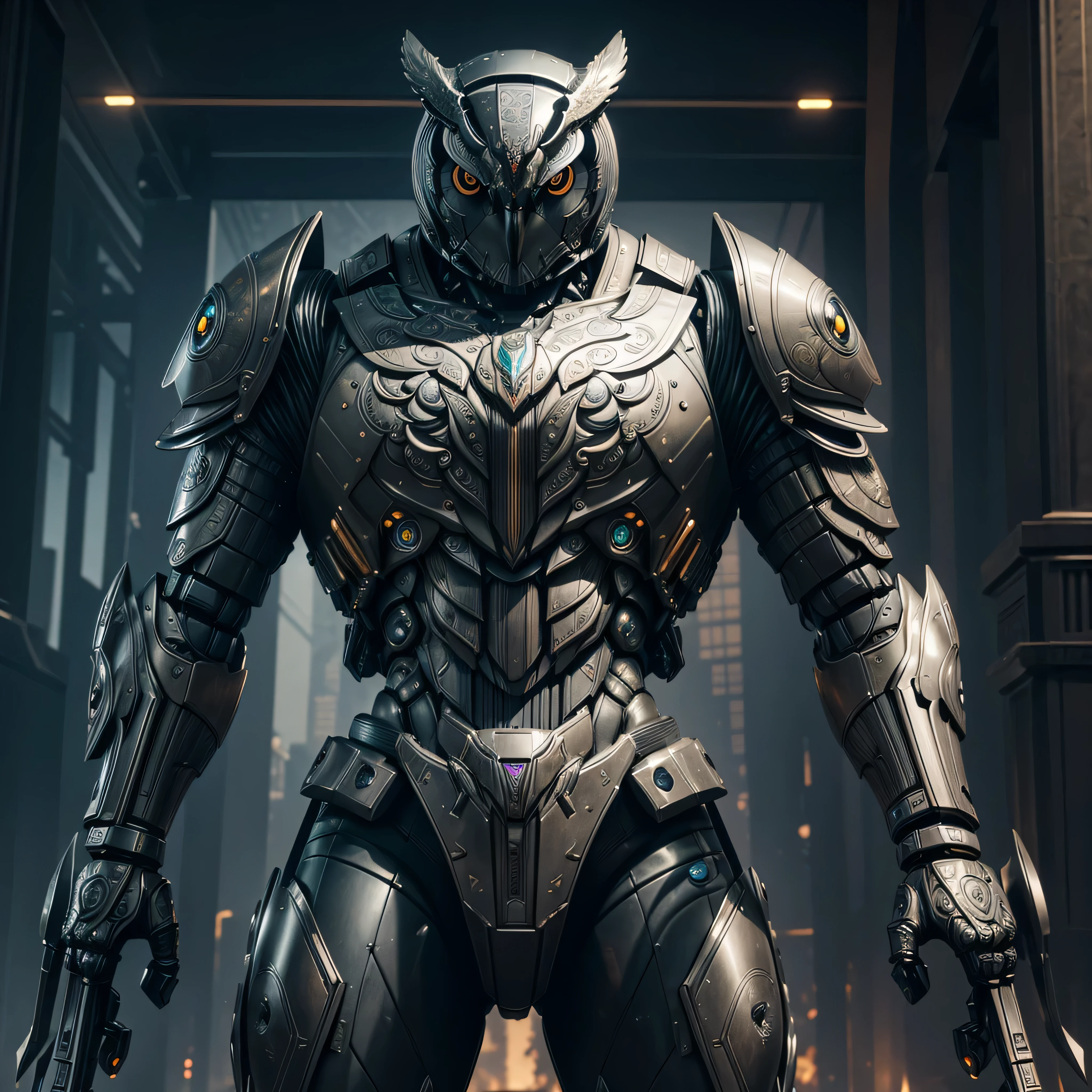 there is a statue of an owl made out of metal, mechanical owl, hyperrealistic robot owl, warrior with metal owl armour, nite - owl, with a giant robot owl, zbrush central contest winner, made in unreal engine 4, made in unreal engine 5, trending on artstation 4k, highly detailed barlowe 8 k, 3d render trending on artstation art by Ray Shark