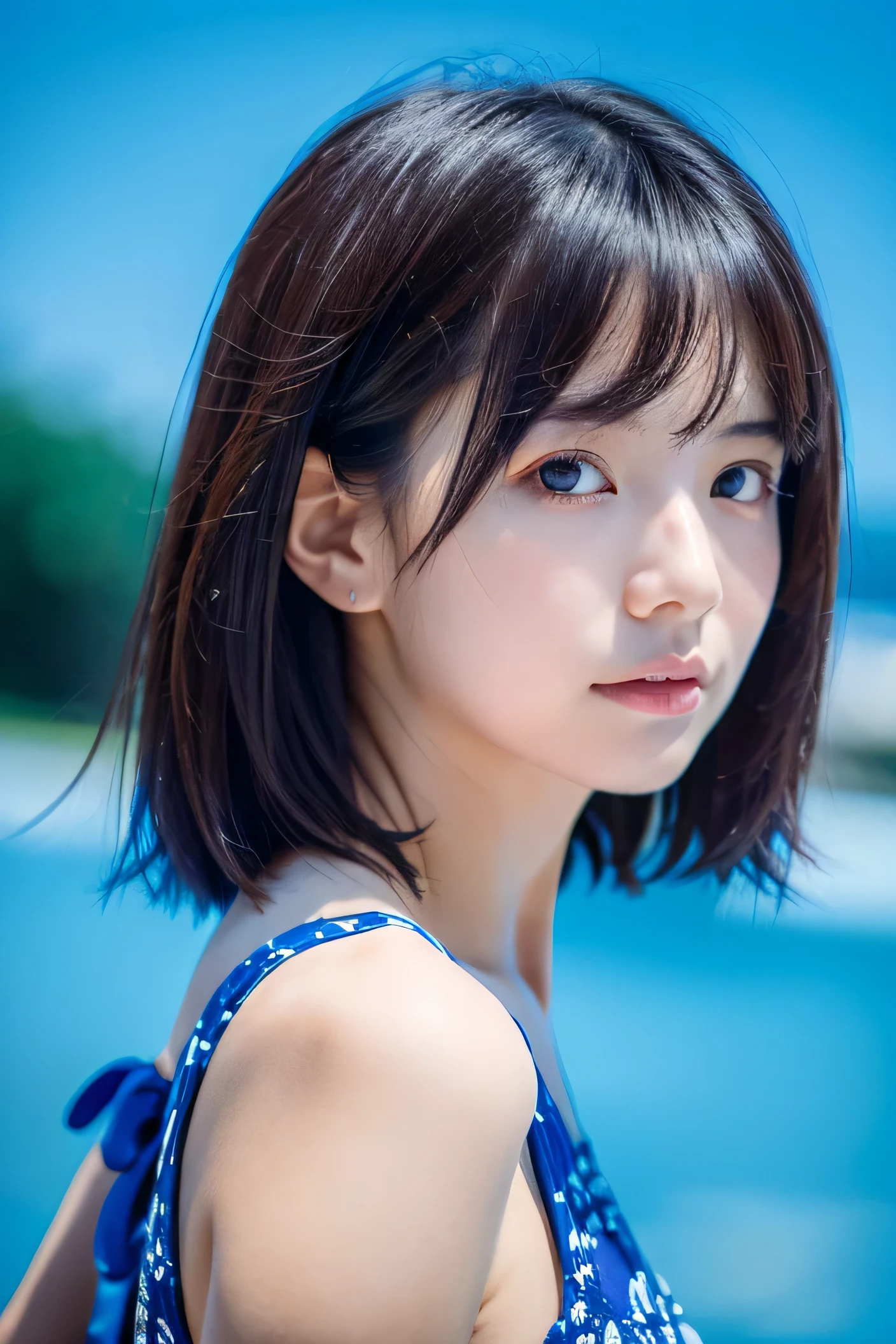 aster piece, highest quality, 1 girl, Profile face, stunning face, Blue background, blurry, blown eyes, short hair, Upper body