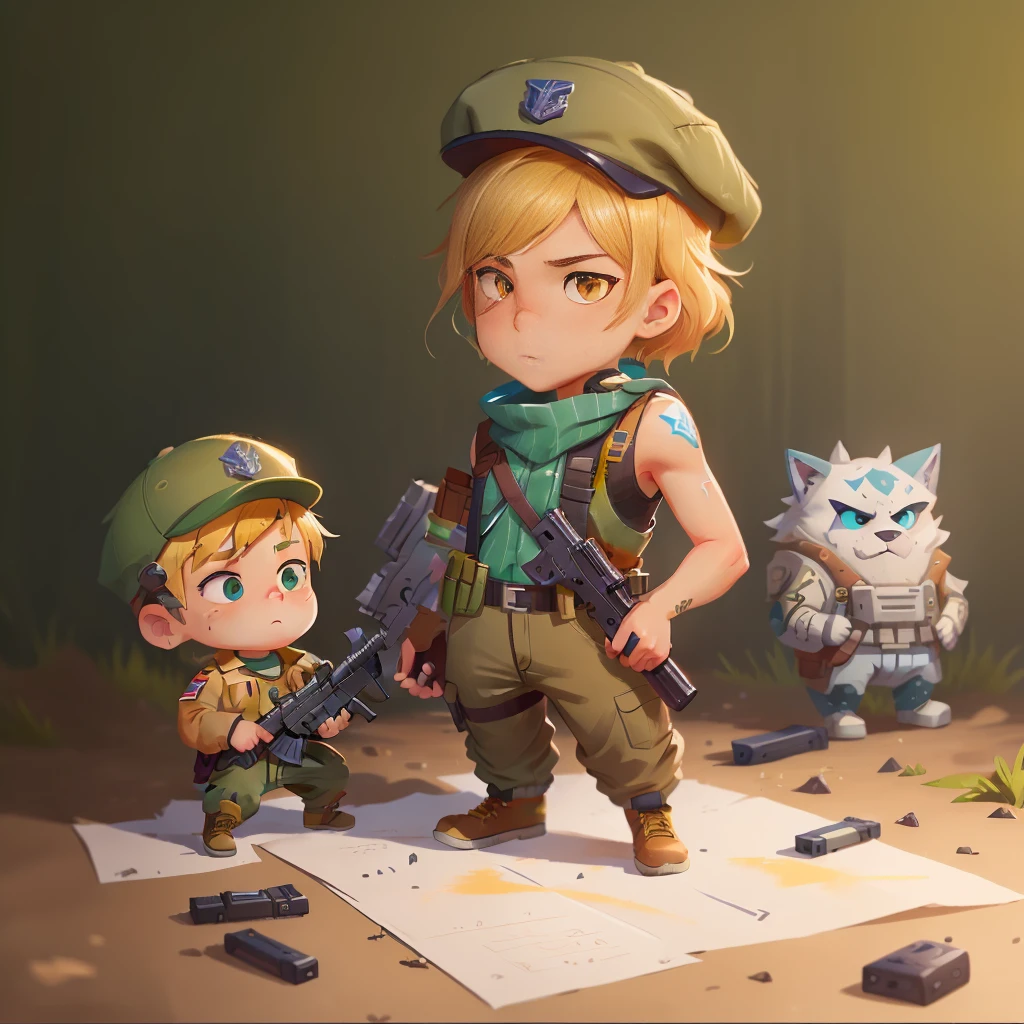 小動物のような口元,Close up portrait of a person in uniform with a gun, fortnite characters, Gene Skin, soldier outfit,sleeveless,tank top, fortnite skins, as a fortnite characters, Gaming PC Skins, in the skin of fortnite, tane skin, Fortnite style, rugged ranger, dark green jacket, The bottom is ocher,hair color is yellow-blond,Spiky skin, bronze skin, full soldier clothing