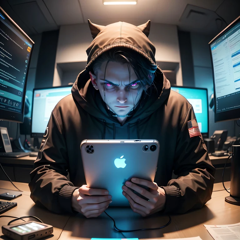 A white hacker with evil expression and gloomy face talking about cybersecurity with iPhone cell phone in hand. roupa roxa