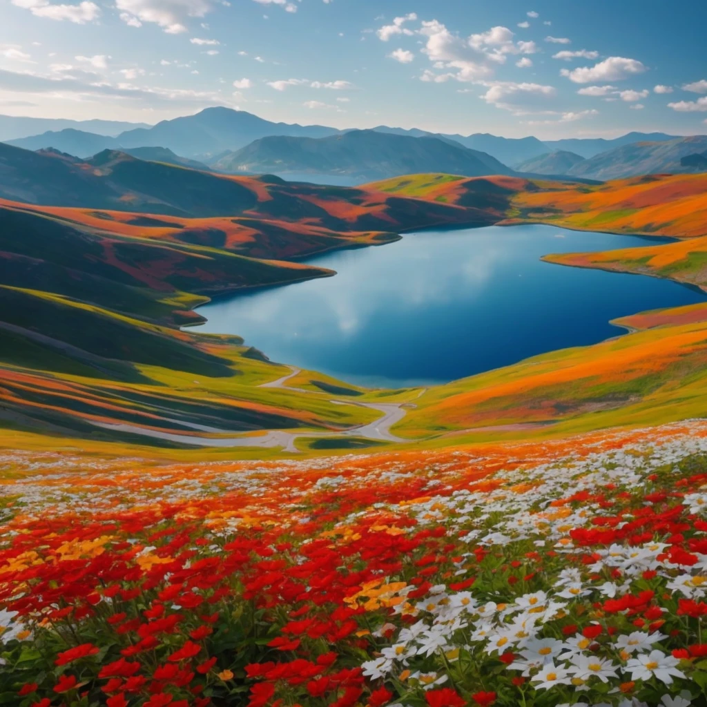 Lake view in the mountains surrounded by colorful flowers, Gorgeous and colorful scenery, Scenery colorful environment, stunning natural background, stunning colors, Rich and picturesque colors, stunning scenery, stunning scenery, stunning scenery, really beautiful nature, beauty of natural landscape, beautiful nature, Beautiful scenery, majestic natural scenery, incredible colors, landscape wallpaper, amazing wallpapers, a Beautiful scenery, Beautiful lake