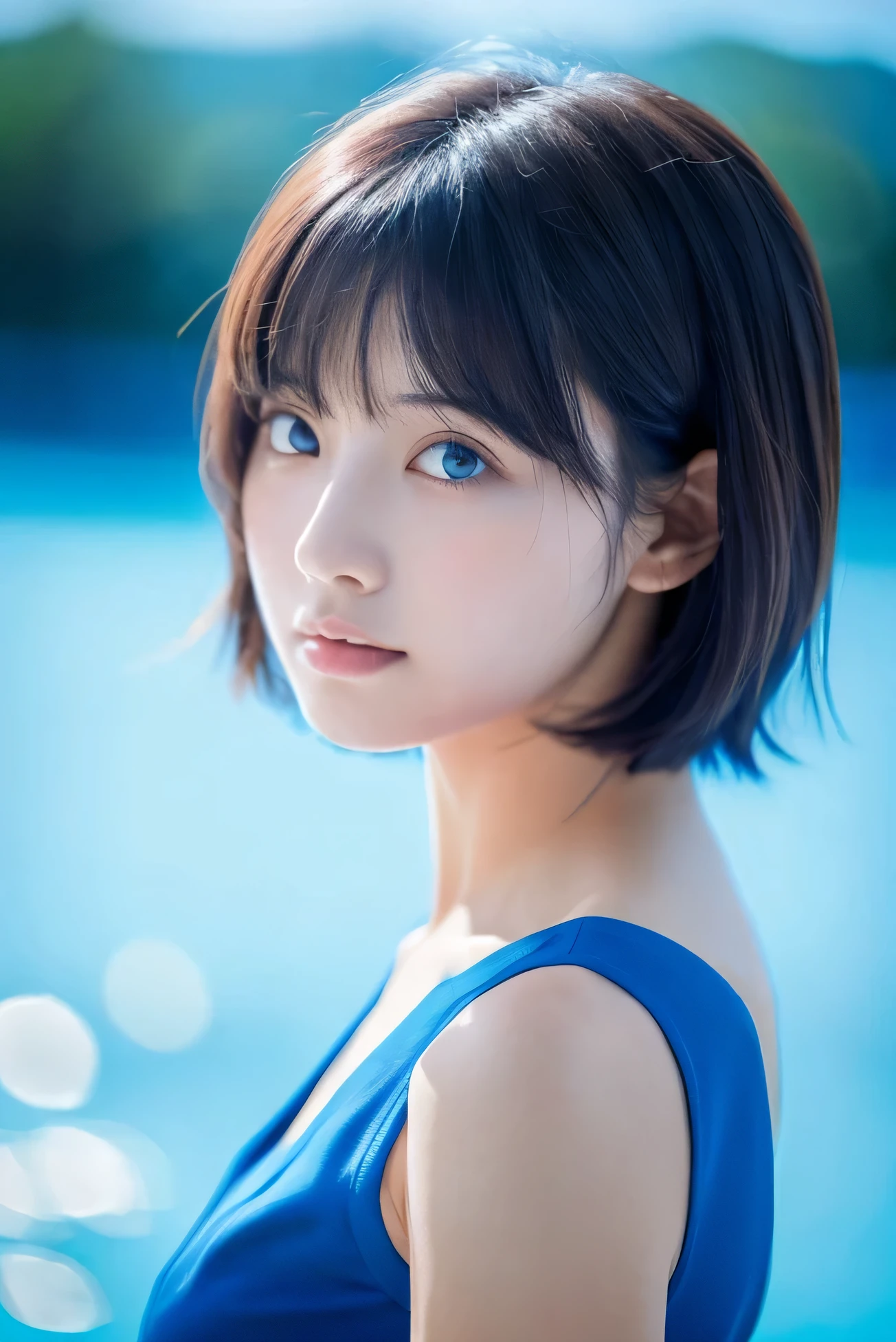 aster piece, highest quality, 1 girl, Profile face, stunning face, Blue background, blurry, blown eyes, short hair, Upper body