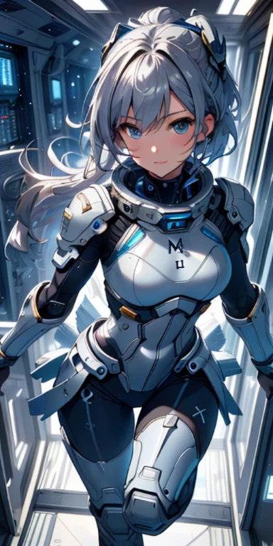 city, High resolution, (masterpiece:1.4), very detailed, 1 girl, From above, space, running, Silver Killing City Combat Suit, sharp focus, (cinematic lighting), (1 girl), slight smile,5 fingers on each hand are highly detailed,