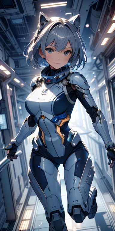 city, High resolution, (masterpiece:1.4), very detailed, 1 girl, From above, space, running, Silver Killing City Combat Suit, sharp focus, (cinematic lighting), (1 girl), slight smile,5 fingers on each hand are highly detailed,