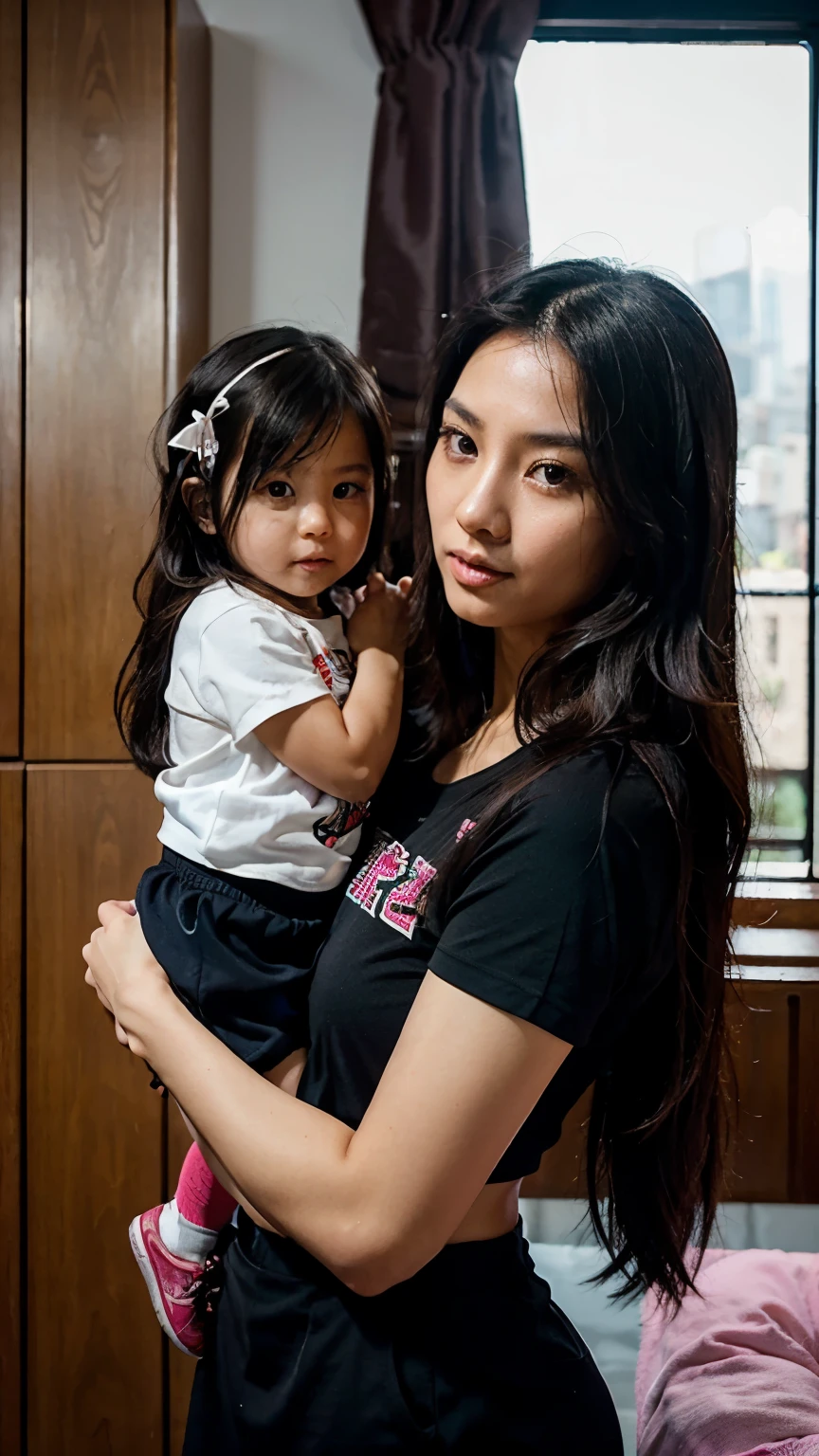 30 years old beautiful hong kong woman holding a little girl at home, sportwear, black straight long hair, half body, hyper realistic, low contrast photo, soft lighting, symmetric face