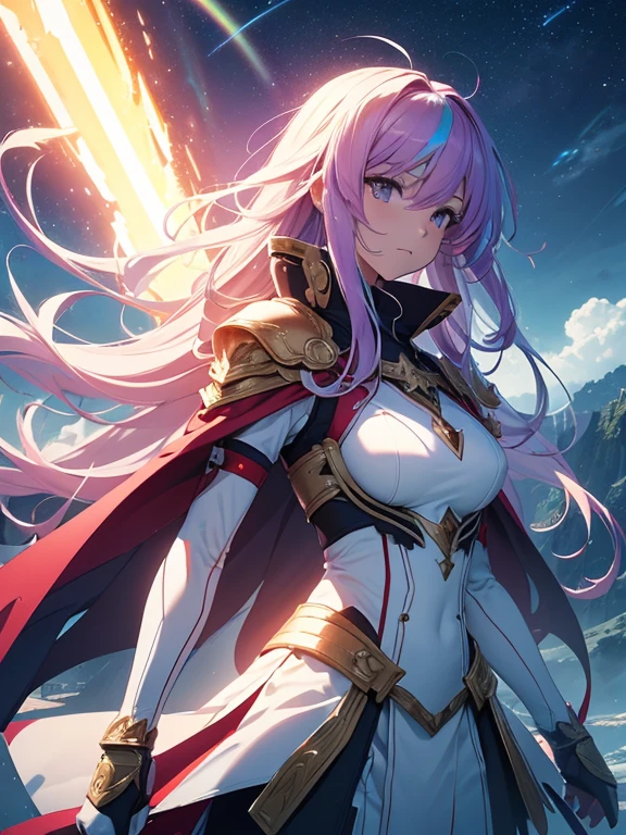 as yuuki, With two swords, White combat uniform, star Alicezation, Red strokes that simulate the speed of the character, battle mode, (surreal), {Highly detailed 8k CG unit wallpaper}, vast landscape photography, (A central view that prioritizes the entire character, (wide open field view), (low angle shot), (highlight: 1.5), (weak light: 1.0), (warm light source: 1.0), intricate details, (rainbow colors: 1.0), (bright lighting), (atmosphere lighting), star, dream-like, anime