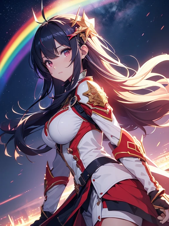 as yuuki, With two swords, White combat uniform, star Alicezation, Red strokes that simulate the speed of the character, battle mode, (surreal), {Highly detailed 8k CG unit wallpaper}, vast landscape photography, (A central view that prioritizes the entire character, (wide open field view), (low angle shot), (highlight: 1.5), (weak light: 1.0), (warm light source: 1.0), intricate details, (rainbow colors: 1.0), (bright lighting), (atmosphere lighting), star, dream-like, anime