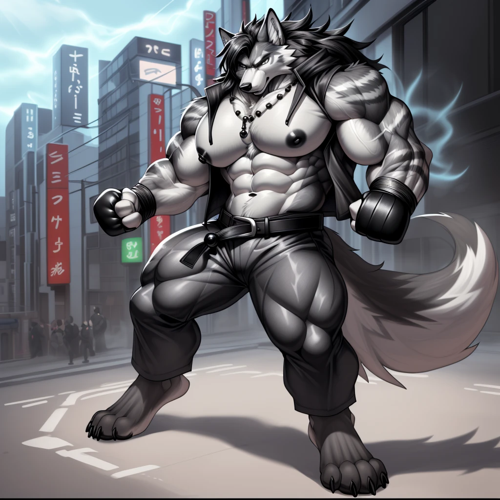 (upload on e621), (Masterpiece), (best quality), (ultra high res), 4K, (8k HD), 2D, (perfect anatomy), (digital art), (official art), (extreme detailed), (ultra detailed), (strapsanime), color, (soft shading), (sharp focus), (((excessive silver wind aura both fists)), (((tokyo city background))), 1man, dark black body fur, (((dark black muscular arms))), silver pecs and belly, detailed fluffy fur, (ultra detailed face), detailed eyes, detailed iris eyes, detailed yellow eyes, white sclera, black pupils, (((big navel))), (((abs))), (((pectoral))), (((martial art style))), (((fight pose))) (((black claw nails))), furry wolf male, mature male, (((full body))), (((dark black giant bulky muscular body fur))), canid, (((huge black nipples))), (huge muscles), (((hyper muscles))), (((huge pecs))), (((oversize pecs))), (((giant biceps))), canine, canis, mammal, dark black fury wolf, (((powerful wolf god))), wolf male, intense face, serious expression, (((badass))), wolf anthro, solo, standing, (((wearing full complete sleeveless black and silver long coat jacket))), (((black and silver full complete sleeveless long coat jacket))), (((dark black longest hair))), (((dark black longest back hair))), (((dark black longest hair front lay on pecs))), (((perfect fingers))), (((five fingers))), (((dark black hands and fingers))), (((wearing fingerless black and grey gloves))), (((black and grey fingerless gloves))), (((black armband on biceps))), (((three black armbands on forearms)), (((large longer black prayer beads necklaces on pecs))), (((wind effect on his prayer beads necklaces))), (((dark black and silver underside long wolf tail))), (((black long pants with silver stripes with belt straps on both legs))), (((excessive silver wind aura flow entire body)))