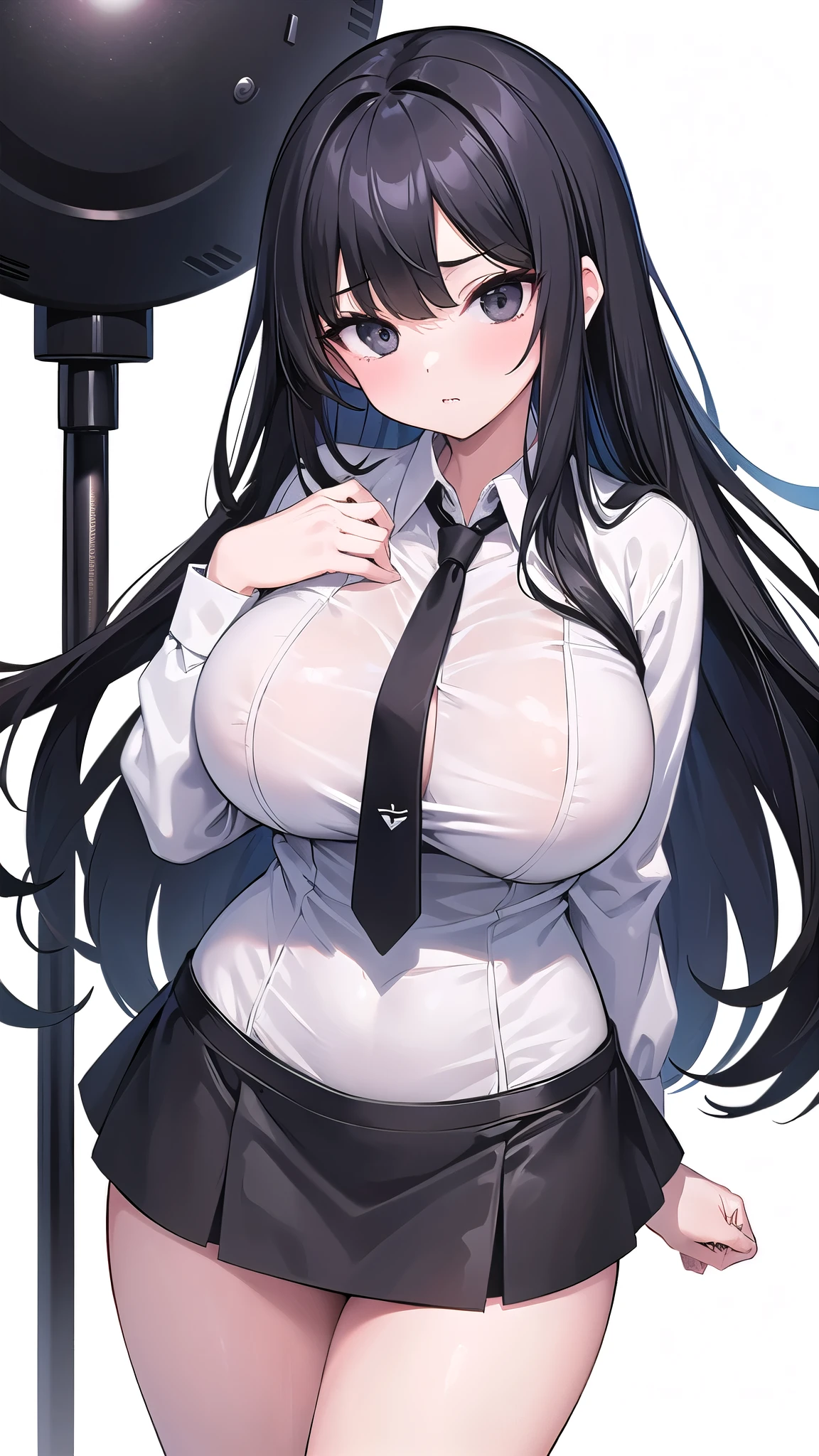 1 girl,CG,Completely naked,huge breasts, black hair, long hair, straight hair, black eyes,((white dress shirt、black tight skirt、Office Lady)),((bullish look)),((white background))