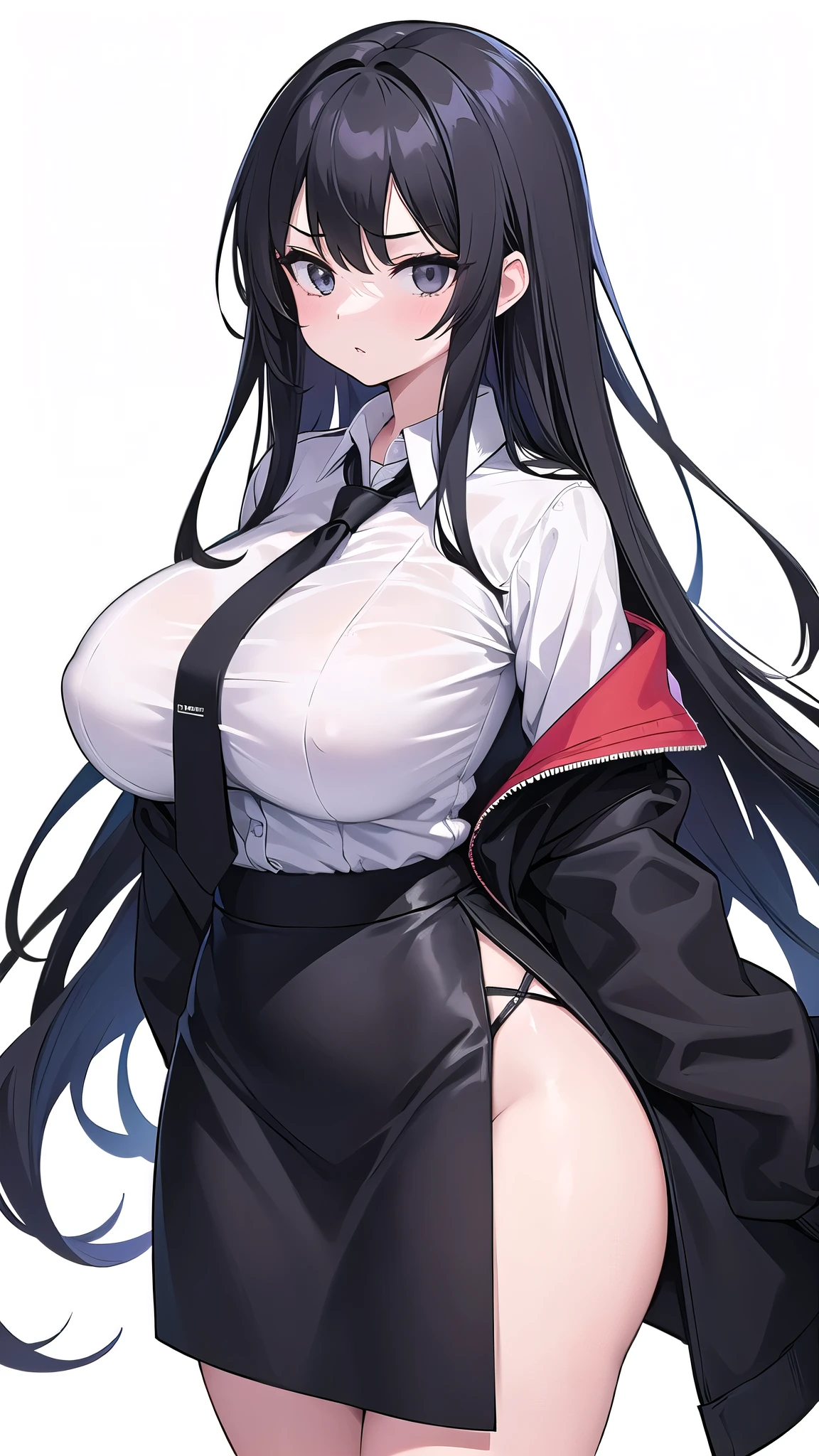 1 girl,CG,Completely naked,huge breasts, black hair, long hair, straight hair, black eyes,((white dress shirt、black tight skirt、Office Lady)),((bullish look)),((white background))