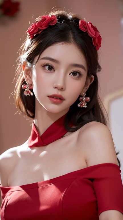 This image shows a woman,She is wearing a red dress。She wore a pair of pink earrings on her ears,The hair was gently curled and decorated with some flowers。The background is black,A sharp contrast to her red dress。The whole thing gives people a sense of elegance and nobility。