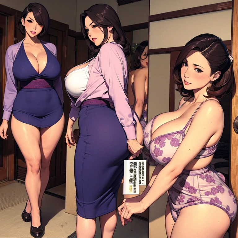 multiple thick body middle-aged women milf wearing shirt dress show backside to camera show patterned panties, old Japanese house doorway, nsfw, milf leans forwards show cleavage to camera,