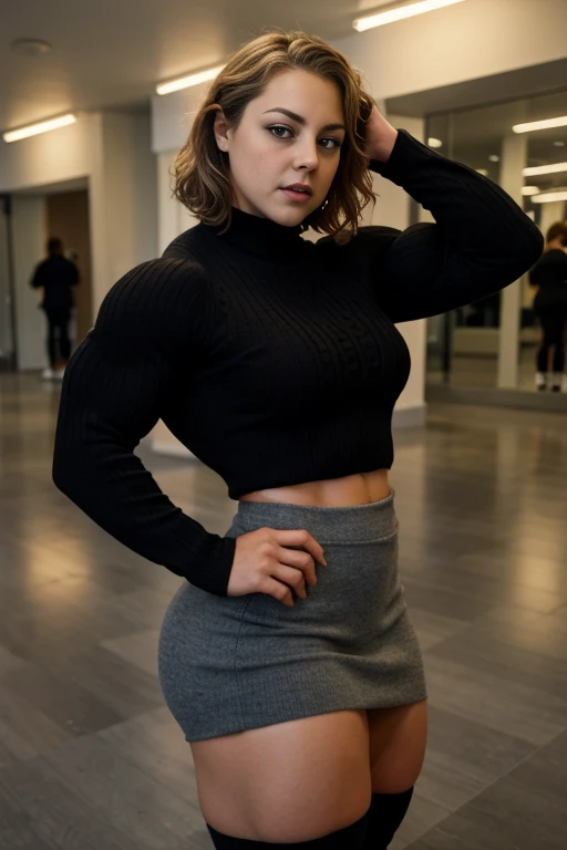 Marion jones,, Charlotte Church. Generate a full length fashion portrait of a heavily muscled iff pro female bodybuilder , her makeup, hair, she is dressed in a tight fluffy woolen sweater, tight miniskirt, white knee high socks, lighting, environment