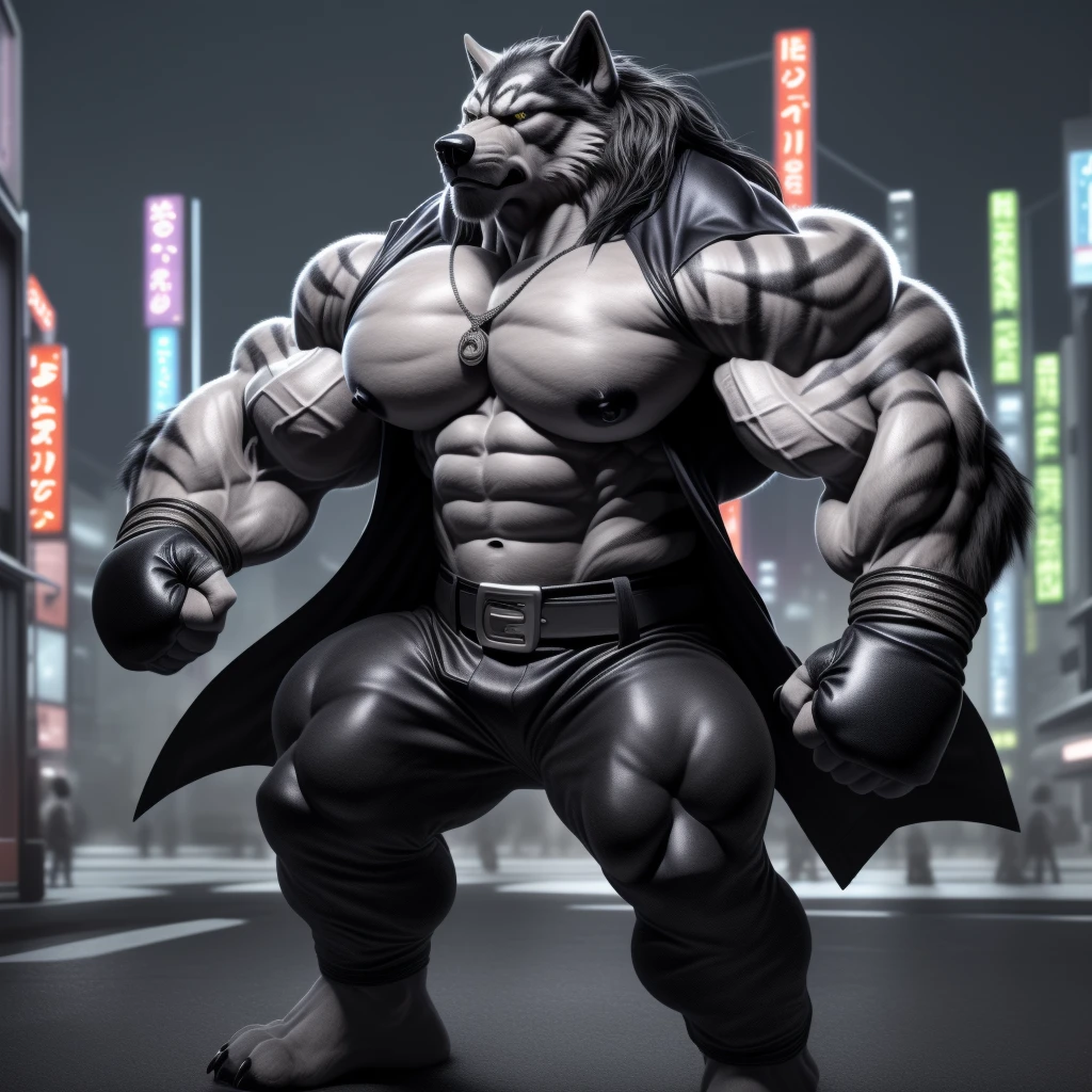 (upload on e621), (Masterpiece), (best quality), (ultra high res), 4K, (8k HD), 2D, (perfect anatomy), (digital art), (official art), (extreme detailed), (ultra detailed), (strapsanime), color, (soft shading), (sharp focus), (((excessive silver wind aura both fists)), (((tokyo city background))), 1man, dark black body fur, (((dark black muscular arms))), silver pecs and belly, detailed fluffy fur, (ultra detailed face), detailed eyes, detailed iris eyes, detailed yellow eyes, white sclera, black pupils, (((big navel))), (((abs))), (((pectoral))), (((martial art style))), (((fight pose))) (((black claw nails))), furry wolf male, mature male, (((full body))), (((dark black giant bulky muscular body fur))), canid, (((huge black nipples))), (huge muscles), (((hyper muscles))), (((huge pecs))), (((oversize pecs))), (((giant biceps))), canine, canis, mammal, dark black fury wolf, (((powerful wolf god))), wolf male, intense face, serious expression, (((badass))), wolf anthro, solo, standing, (((wearing full complete sleeveless black and silver long coat jacket))), (((black and silver full complete sleeveless long coat jacket))), (((dark black longest hair))), (((dark black longest back hair))), (((dark black longest hair front lay on pecs))), (((perfect fingers))), (((five fingers))), (((dark black hands and fingers))), (((wearing fingerless black and grey gloves))), (((black and grey fingerless gloves))), (((black armband on biceps))), (((three black armbands on forearms)), (((large longer black prayer beads necklaces on pecs))), (((wind effect on his prayer beads necklaces))), (((dark black and silver underside long wolf tail))), (((black long pants with silver stripes with belt straps on both legs))), (((excessive silver wind aura flow entire body)))