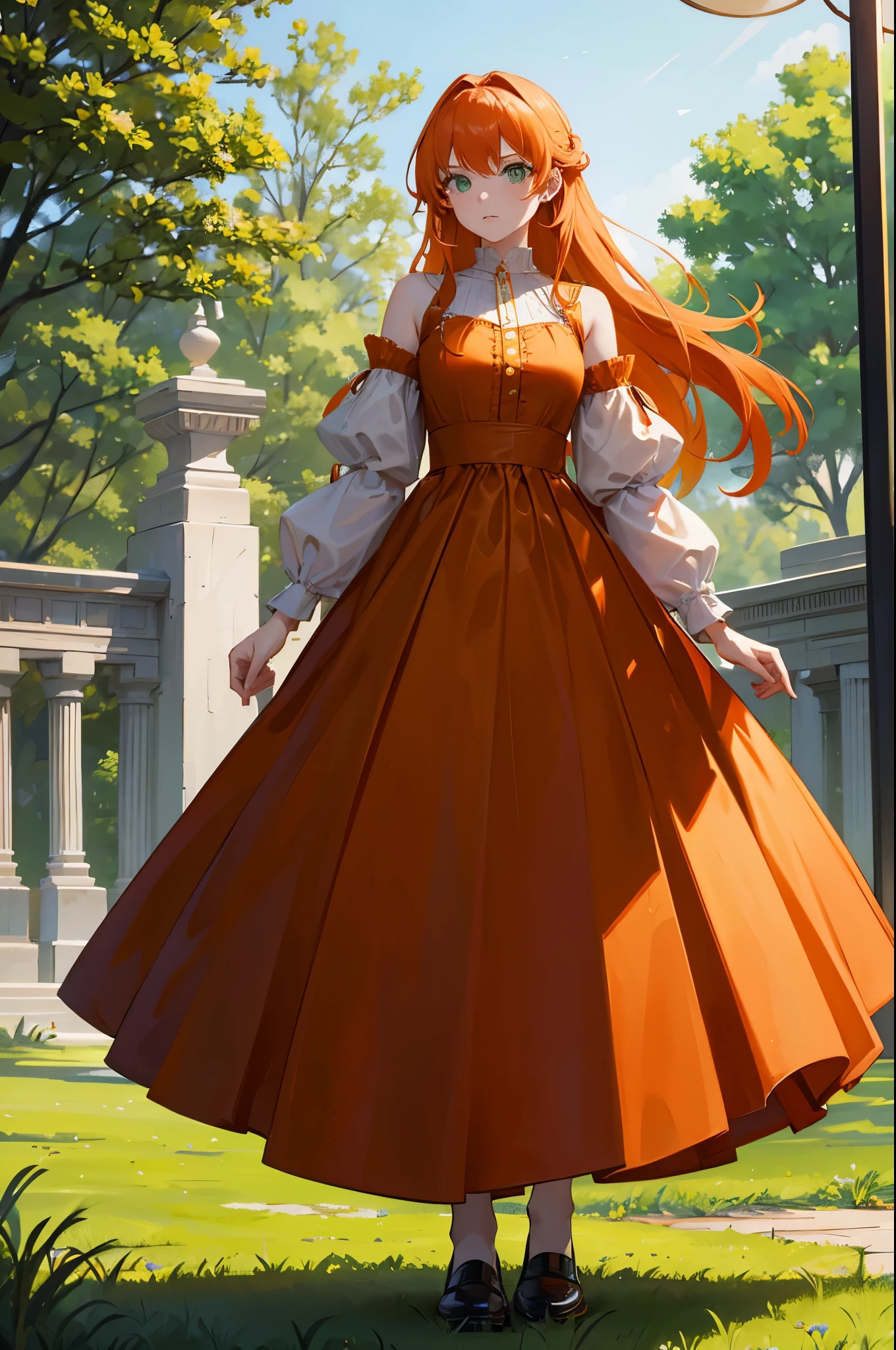 1woman, orange hair, green eyes, noble dress, standing on ground, high res, ultra sharp, 8K, masterpiece