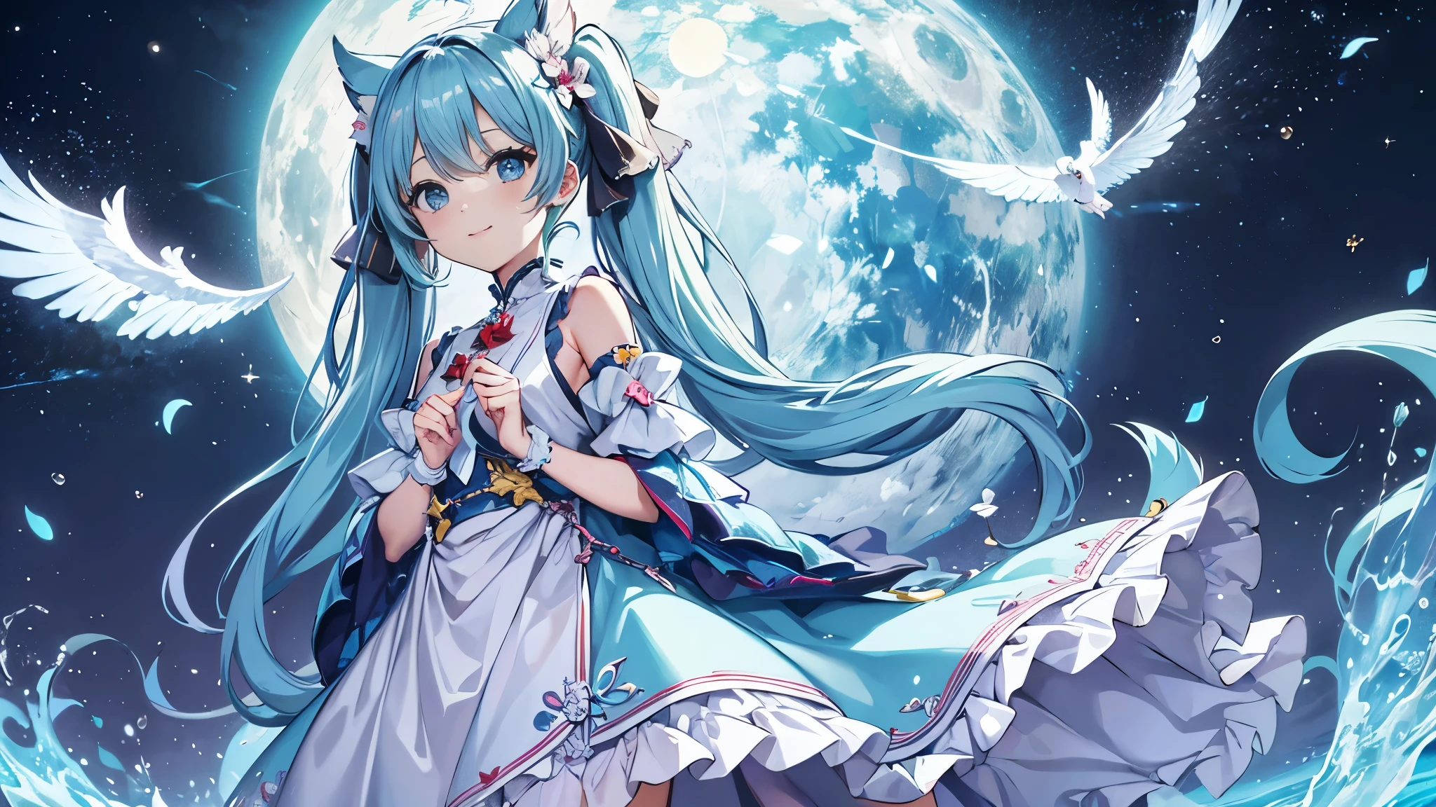 Girl Standing In The Middle. adorable smile、
light blue long hair、The hairstyle is twin tails、Cute red, blue and white costume、Crystal clear black eyes、A big white owl watches over the girl from the sky、The sea of orchids looks like a dream、Then the girl was the dream of all beautiful dreams.
her skin was as perfect as jade, and soft like a flower. she's like a fairy、The moon hides shyly.
