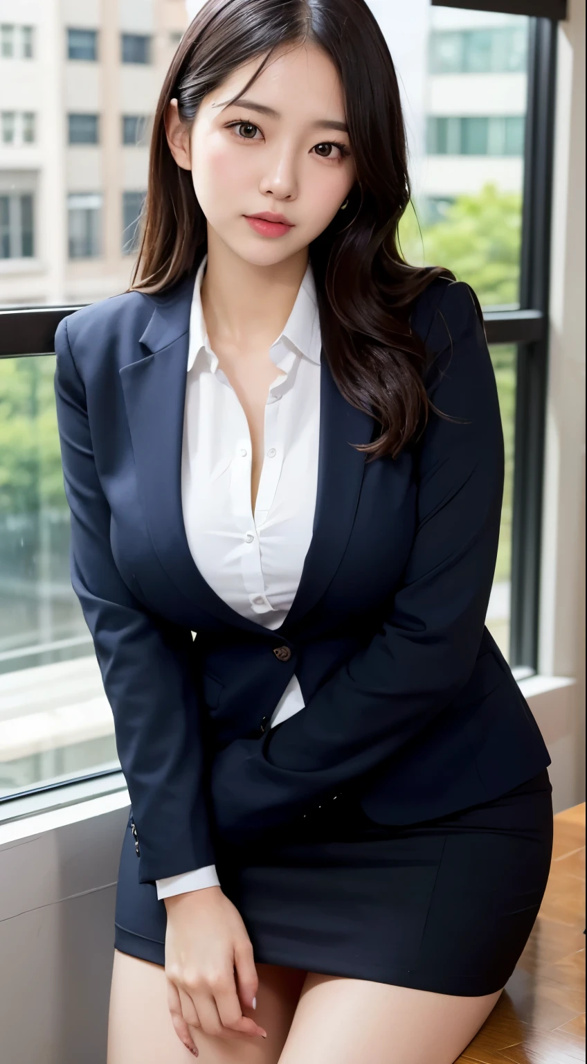japanese girl, girl in her 20s, Just the right breasts, perfection breasts, perfection skin, wet hair, perfection, black hair, brown eyes, office lady, navy suit top and bottom, white shirt, rain, luster, bright, city, cleavage,