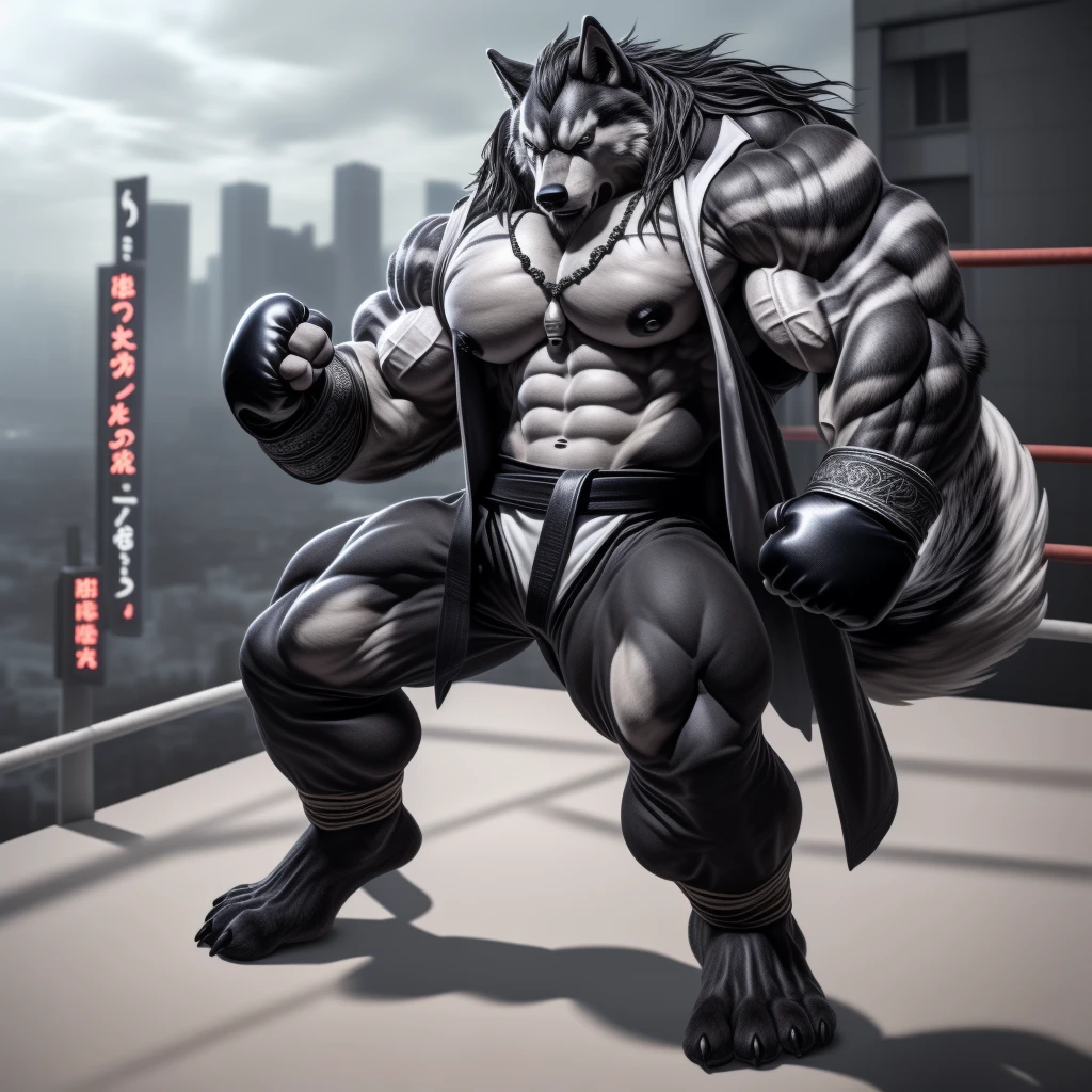 (upload on e621), (Masterpiece), (best quality), (ultra high res), 4K, (8k HD), 2D, (perfect anatomy), (digital art), (official art), (extreme detailed), (ultra detailed), (strapsanime), color, (soft shading), (sharp focus), (((excessive silver wind aura both fists)), (((tokyo city background))), 1man, dark black body fur, (((dark black muscular arms))), silver pecs and belly, detailed fluffy fur, (ultra detailed face), detailed eyes, detailed iris eyes, detailed yellow eyes, white sclera, black pupils, (((big navel))), (((abs))), (((pectoral))), (((martial art style))), (((fight pose))) (((black claw nails))), furry wolf male, mature male, (((full body))), (((dark black giant bulky muscular body fur))), canid, (((huge black nipples))), (huge muscles), (((hyper muscles))), (((huge pecs))), (((oversize pecs))), (((giant biceps))), canine, canis, mammal, dark black fury wolf, (((powerful wolf god))), wolf male, intense face, serious expression, (((badass))), wolf anthro, solo, standing, (((wearing full complete sleeveless black and silver long coat jacket))), (((black and silver full complete sleeveless long coat jacket))), (((dark black longest hair))), (((dark black longest back hair))), (((dark black longest hair front lay on pecs))), (((perfect fingers))), (((five fingers))), (((dark black hands and fingers))), (((wearing fingerless black and grey gloves))), (((black and grey fingerless gloves))), (((black armband on biceps))), (((three black armbands on forearms)), (((large longer black prayer beads necklaces on pecs))), (((wind effect on his prayer beads necklaces))), (((dark black and silver underside long wolf tail))), (((black long pants with silver stripes with belt straps on both legs))), (((excessive silver wind aura flow entire body)))