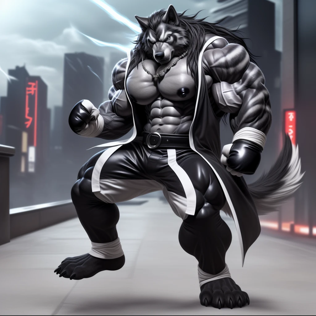 (upload on e621), (Masterpiece), (best quality), (ultra high res), 4K, (8k HD), 2D, (perfect anatomy), (digital art), (official art), (extreme detailed), (ultra detailed), (strapsanime), color, (soft shading), (sharp focus), (((excessive silver wind aura both fists)), (((tokyo city background))), 1man, dark black body fur, (((dark black muscular arms))), silver pecs and belly, detailed fluffy fur, (ultra detailed face), detailed eyes, detailed iris eyes, detailed yellow eyes, white sclera, black pupils, (((big navel))), (((abs))), (((pectoral))), (((martial art style))), (((fight pose))) (((black claw nails))), furry wolf male, mature male, (((full body))), (((dark black giant bulky muscular body fur))), canid, (((huge black nipples))), (huge muscles), (((hyper muscles))), (((huge pecs))), (((oversize pecs))), (((giant biceps))), canine, canis, mammal, dark black fury wolf, (((powerful wolf god))), wolf male, intense face, serious expression, (((badass))), wolf anthro, solo, standing, (((wearing full complete sleeveless black and silver long coat jacket))), (((black and silver full complete sleeveless long coat jacket))), (((dark black longest hair))), (((dark black longest back hair))), (((dark black longest hair front lay on pecs))), (((perfect fingers))), (((five fingers))), (((dark black hands and fingers))), (((wearing fingerless black and grey gloves))), (((black and grey fingerless gloves))), (((black armband on biceps))), (((three black armbands on forearms)), (((large longer black prayer beads necklaces on pecs))), (((wind effect on his prayer beads necklaces))), (((dark black and silver underside long wolf tail))), (((black long pants with silver stripes with belt straps on both legs))), (((excessive silver wind aura flow entire body)))