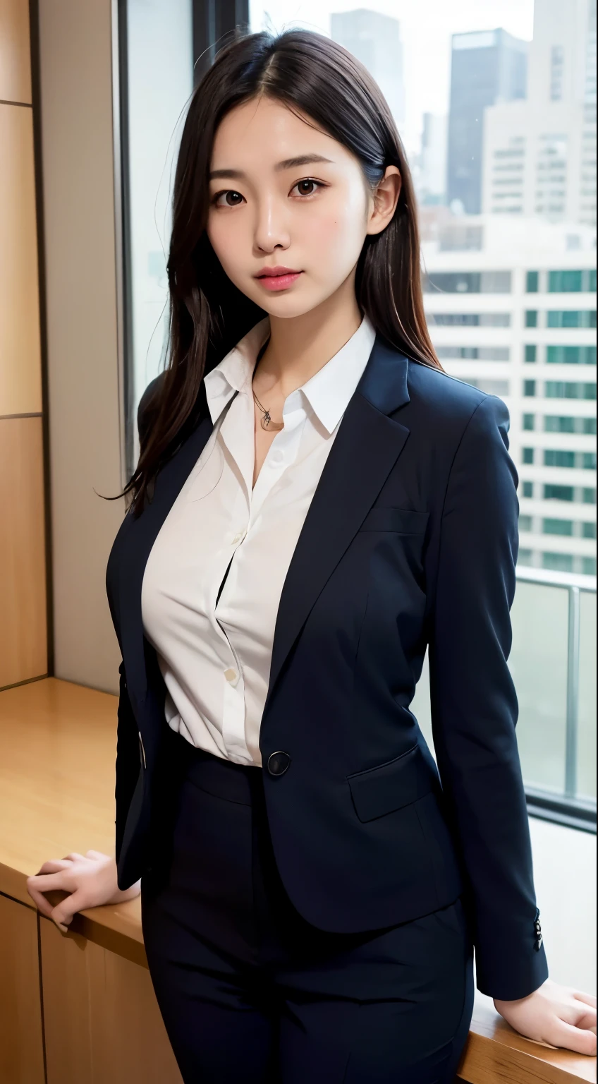 japanese girl, girl in her 20s, Just the right breasts, perfection breasts, perfection skin, wet hair, perfection, black hair, brown eyes, office lady, navy suit top and bottom, white shirt, rain, luster, bright, city, cleavage,