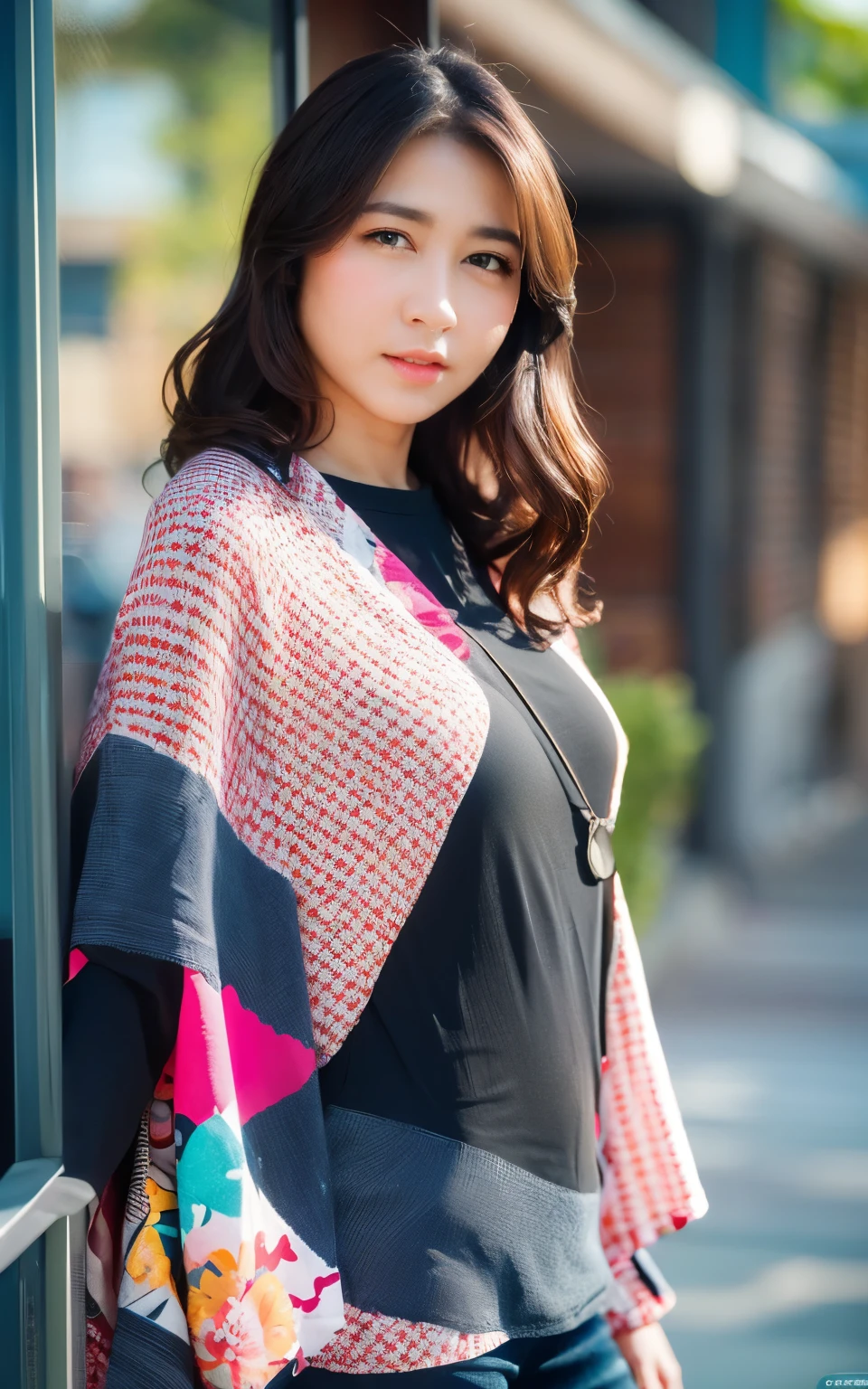 Highly detailed CG Unity 8k wallpaper, top quality, super detailed, masterpiece, realistic, photo realistic, very detailed girl, 30 years old, blush,, round eyes, medium breasts, looking viewer, half body shot , poncho , wavy hair