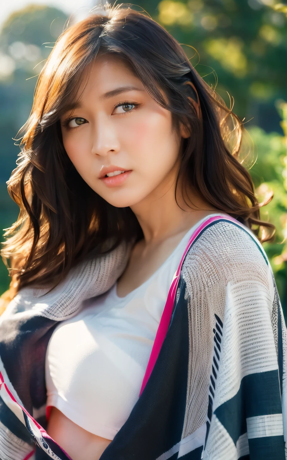 Highly detailed CG Unity 8k wallpaper, top quality, super detailed, masterpiece, realistic, photo realistic, very detailed girl, 30 years old, blush,, round eyes, medium breasts, looking viewer, half body shot , poncho , wavy hair