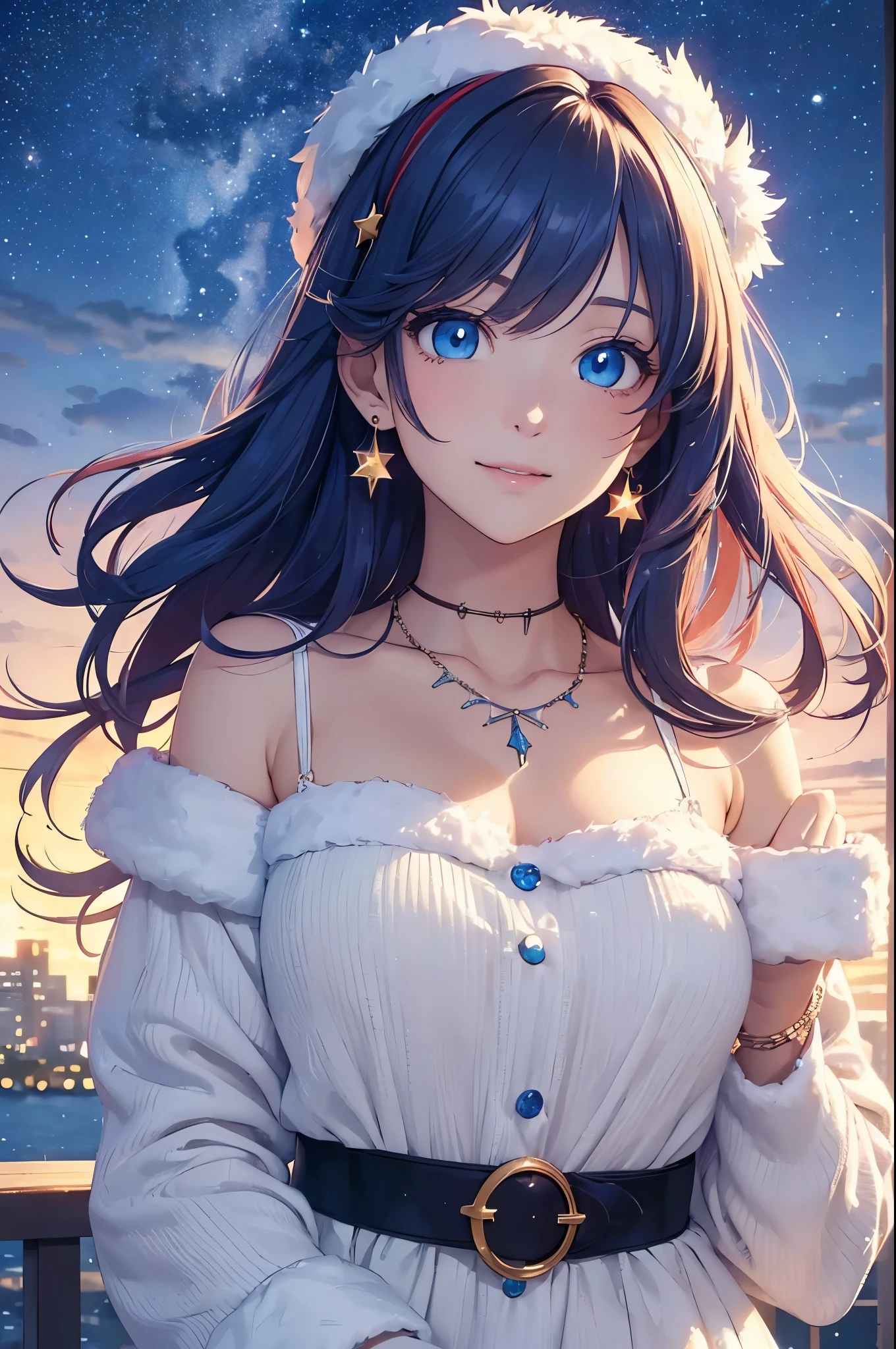 ((masterpiece)), ((best quality)), (ultra-detailed), anime style, upper body, look up from below, night, Starry sky, winter, a cute girl, 1girl, solo, santa costume, beautiful rainbow hair, beautiful blue eyes, ((beautiful eyes)), white-skinned, earrings, necklace, smile