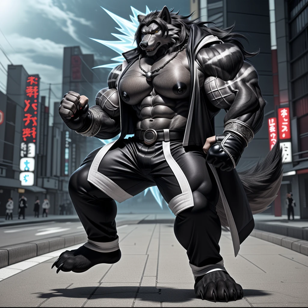 (upload on e621), (Masterpiece), (best quality), (ultra high res), 4K, (8k HD), 2D, (perfect anatomy), (digital art), (official art), (extreme detailed), (ultra detailed), (strapsanime), color, (soft shading), (sharp focus), (((excessive silver wind aura both fists)), (((tokyo city background))), 1man, dark black body fur, (((dark black muscular arms))), silver pecs and belly, detailed fluffy fur, (ultra detailed face), detailed eyes, detailed iris eyes, detailed yellow eyes, white sclera, black pupils, (((big navel))), (((abs))), (((pectoral))), (((martial art style))), (((fight pose))) (((black claw nails))), furry wolf male, mature male, (((full body))), (((dark black giant bulky muscular body fur))), canid, (((huge black nipples))), (huge muscles), (((hyper muscles))), (((huge pecs))), (((oversize pecs))), (((giant biceps))), canine, canis, mammal, dark black fury wolf, (((powerful wolf god))), wolf male, intense face, serious expression, (((badass))), wolf anthro, solo, standing, (((wearing full complete sleeveless black and silver long coat jacket))), (((black and silver full complete sleeveless long coat jacket))), (((dark black longest hair))), (((dark black longest back hair))), (((dark black longest hair front lay on pecs))), (((perfect fingers))), (((five fingers))), (((dark black hands and fingers))), (((wearing fingerless black and grey gloves))), (((black and grey fingerless gloves))), (((black armband on biceps))), (((three black armbands on forearms)), (((large longer black prayer beads necklaces on pecs))), (((wind effect on his prayer beads necklaces))), (((dark black and silver underside long wolf tail))), (((black long pants with silver stripes with belt straps on both legs))), (((excessive silver wind aura flow entire body)))