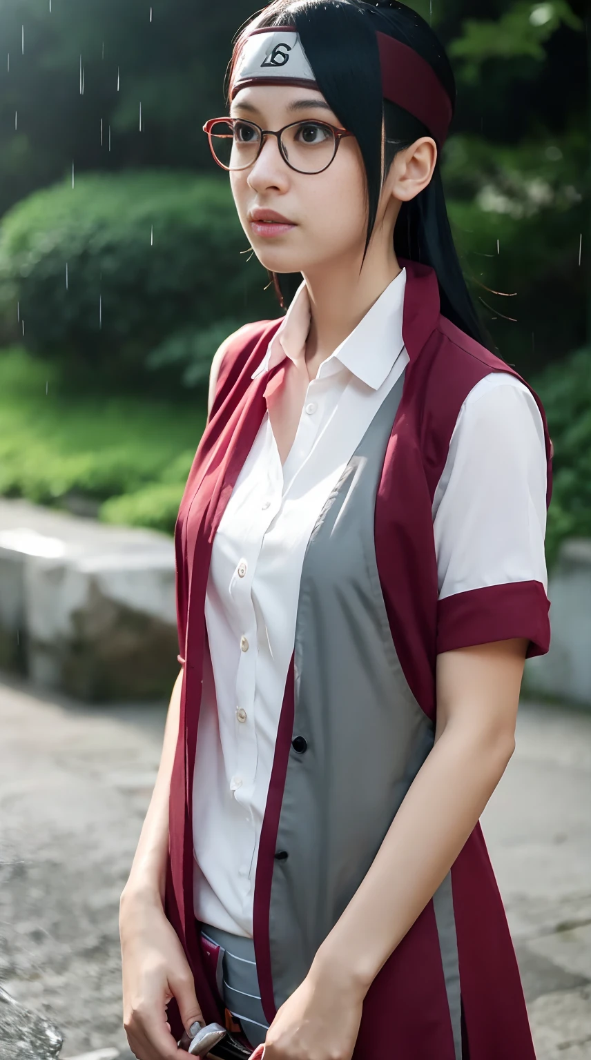 1 girl,ultra high resolution, bare chest, bare chest,Outside in the rain, wet, White shirt, unbutton the buttons, unbuttoned shirt ,(photorealistic:1.4), raw photo,16 thousand.,dramatic Lighting,high quality detailed eyes ,Expresson Smaell , The chest is bare, абсолютно bare chest, Konoha bandana , Konohagakure, kunai , glasses Sarada from the Uchiha clan , unbuttoned her shirt , the chest is ajar, cutie , ,Uchiha sarada , Anime Realistic , real mix , 1 girl ,One , Cute hair , Lighting , Ultra High Quality, Short film ,ideal character , rain , wet девушка, wet рубашка