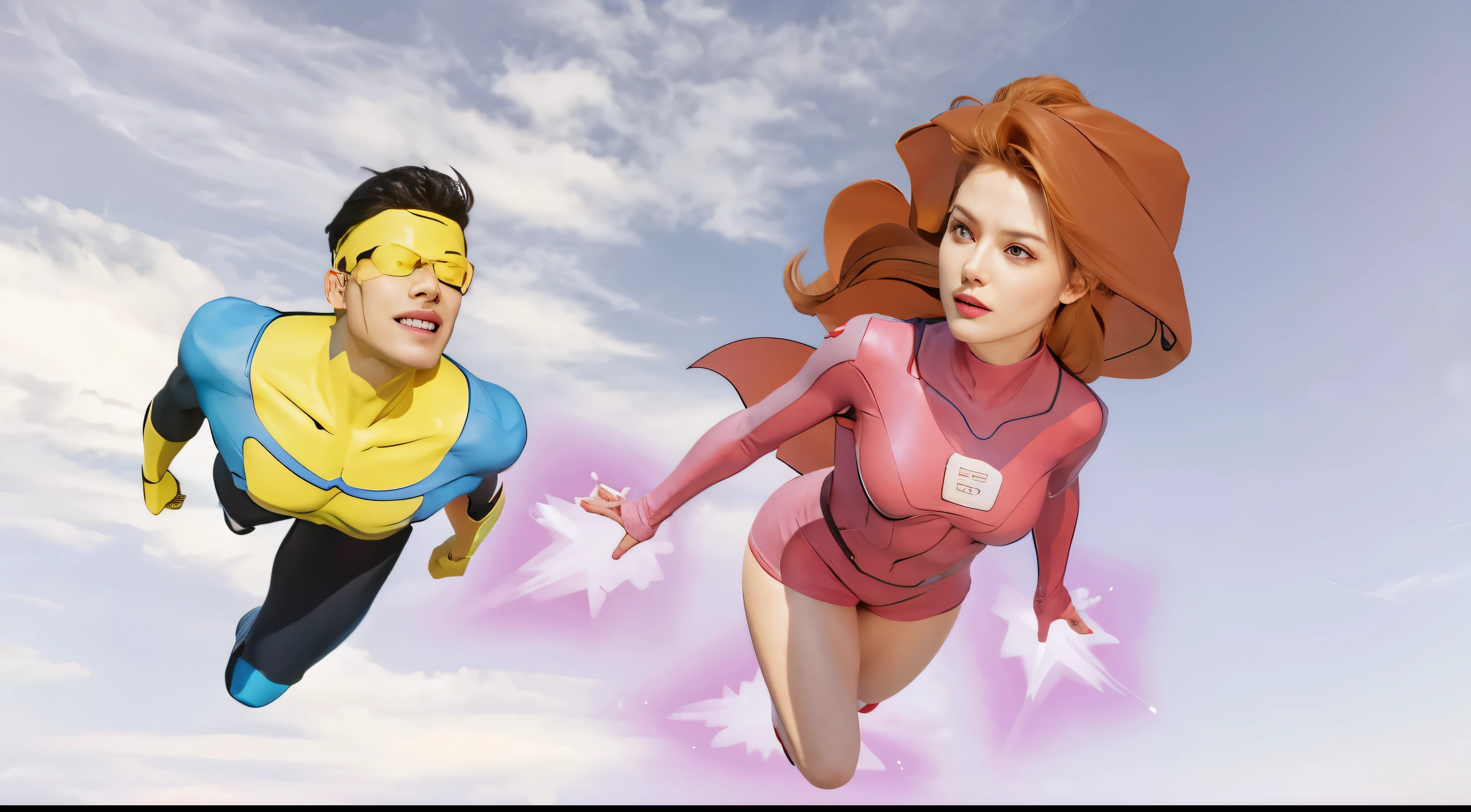 Mark and Atom Eve from the Invincible series, voando juntos, Extremamente realista, 8k resolution