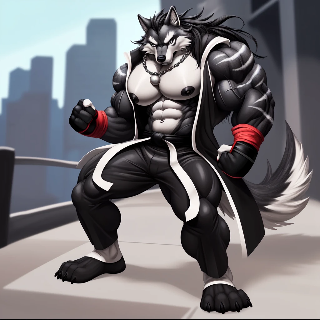 (upload on e621), (Masterpiece), (best quality), (ultra high res), 4K, (8k HD), 2D, (perfect anatomy), (digital art), (official art), (extreme detailed), (ultra detailed), (strapsanime), color, (soft shading), (sharp focus), (((excessive silver wind aura both fists)), (((tokyo city background))), 1man, dark black body fur, (((dark black muscular arms))), silver pecs and belly, detailed fluffy fur, (ultra detailed face), detailed eyes, detailed iris eyes, detailed yellow eyes, white sclera, black pupils, (((big navel))), (((abs))), (((pectoral))), (((martial art style))), (((fight pose))) (((black claw nails))), furry wolf male, mature male, (((full body))), (((dark black giant bulky muscular body fur))), canid, (((huge black nipples))), (huge muscles), (((hyper muscles))), (((huge pecs))), (((oversize pecs))), (((giant biceps))), canine, canis, mammal, dark black fury wolf, (((powerful wolf god))), wolf male, intense face, serious expression, (((badass))), wolf anthro, solo, standing, (((wearing full complete sleeveless black and silver long coat jacket))), (((black and silver full complete sleeveless long coat jacket))), (((dark black longest hair))), (((dark black longest back hair))), (((dark black longest hair front lay on pecs))), (((perfect fingers))), (((five fingers))), (((dark black hands and fingers))), (((wearing fingerless black and grey gloves))), (((black and grey fingerless gloves))), (((black armband on biceps))), (((three black armbands on forearms)), (((large longer black prayer beads necklaces on pecs))), (((wind effect on his prayer beads necklaces))), (((dark black and silver underside long wolf tail))), (((black long pants with silver stripes with belt straps on both legs))), (((excessive silver wind aura flow entire body)))