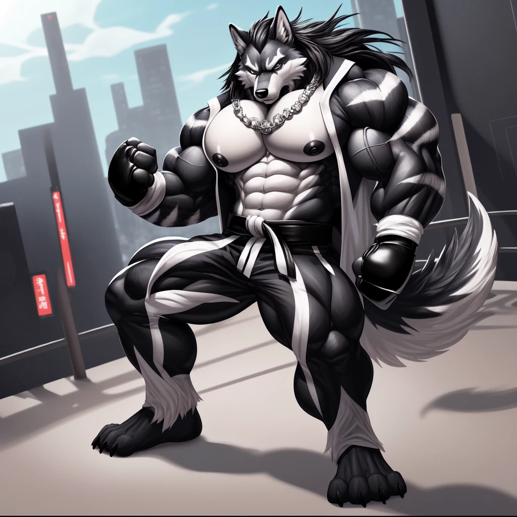 (upload on e621), (Masterpiece), (best quality), (ultra high res), 4K, (8k HD), 2D, (perfect anatomy), (digital art), (official art), (extreme detailed), (ultra detailed), (strapsanime), color, (soft shading), (sharp focus), (((excessive silver wind aura both fists)), (((tokyo city background))), 1man, dark black body fur, (((dark black muscular arms))), silver pecs and belly, detailed fluffy fur, (ultra detailed face), detailed eyes, detailed iris eyes, detailed yellow eyes, white sclera, black pupils, (((big navel))), (((abs))), (((pectoral))), (((martial art style))), (((fight pose))) (((black claw nails))), furry wolf male, mature male, (((full body))), (((dark black giant bulky muscular body fur))), canid, (((huge black nipples))), (huge muscles), (((hyper muscles))), (((huge pecs))), (((oversize pecs))), (((giant biceps))), canine, canis, mammal, dark black fury wolf, (((powerful wolf god))), wolf male, intense face, serious expression, (((badass))), wolf anthro, solo, standing, (((wearing full complete sleeveless black and silver long coat jacket))), (((black and silver full complete sleeveless long coat jacket))), (((dark black longest hair))), (((dark black longest back hair))), (((dark black longest hair front lay on pecs))), (((perfect fingers))), (((five fingers))), (((dark black hands and fingers))), (((wearing fingerless black and grey gloves))), (((black and grey fingerless gloves))), (((black armband on biceps))), (((three black armbands on forearms)), (((large longer black prayer beads necklaces on pecs))), (((wind effect on his prayer beads necklaces))), (((dark black and silver underside long wolf tail))), (((black long pants with silver stripes with belt straps on both legs))), (((excessive silver wind aura flow entire body)))