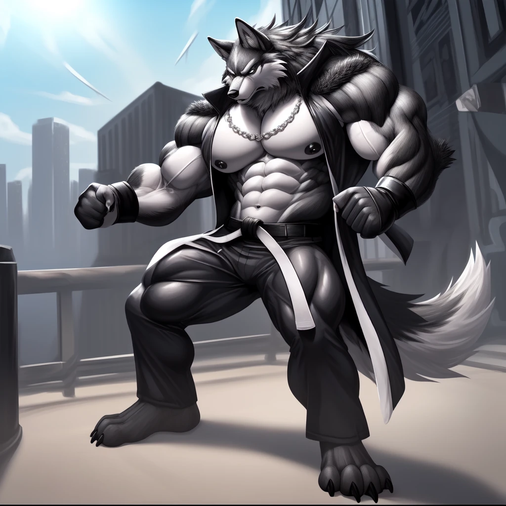 (upload on e621), (Masterpiece), (best quality), (ultra high res), 4K, (8k HD), 2D, (perfect anatomy), (digital art), (official art), (extreme detailed), (ultra detailed), (strapsanime), color, (soft shading), (sharp focus), (((excessive silver wind aura both fists)), (((tokyo city background))), 1man, dark black body fur, (((dark black muscular arms))), silver pecs and belly, detailed fluffy fur, (ultra detailed face), detailed eyes, detailed iris eyes, detailed yellow eyes, white sclera, black pupils, (((big navel))), (((abs))), (((pectoral))), (((martial art style))), (((fight pose))) (((black claw nails))), furry wolf male, mature male, (((full body))), (((dark black giant bulky muscular body fur))), canid, (((huge black nipples))), (huge muscles), (((hyper muscles))), (((huge pecs))), (((oversize pecs))), (((giant biceps))), canine, canis, mammal, dark black fury wolf, (((powerful wolf god))), wolf male, intense face, serious expression, (((badass))), wolf anthro, solo, standing, (((wearing full complete sleeveless black and silver long coat jacket))), (((black and silver full complete sleeveless long coat jacket))), (((dark black longest hair))), (((dark black longest back hair))), (((dark black longest hair front lay on pecs))), (((perfect fingers))), (((five fingers))), (((dark black hands and fingers))), (((wearing fingerless black and grey gloves))), (((black and grey fingerless gloves))), (((black armband on biceps))), (((three black armbands on forearms)), (((large longer black prayer beads necklaces on pecs))), (((wind effect on his prayer beads necklaces))), (((dark black and silver underside long wolf tail))), (((black long pants with silver stripes with belt straps on both legs))), (((excessive silver wind aura flow entire body)))