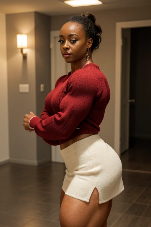Gail Devers,. Generate a full length fashion portrait of a heavily muscled iff pro female bodybuilder , her makeup, hair, she is dressed in a tight fluffy woolen sweater, tight miniskirt, white knee high socks, lighting, environment