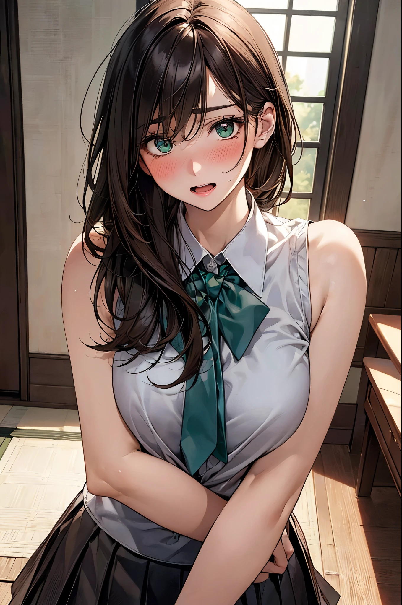 ((table top, highest quality, High resolution, perfect pixel, written boundary depth, 8K)), 1 girl, high school student, beautiful girl, ((brown hair, curly hair:0.8)), ((green eyes:1.4, beautiful eyelashes, realistic eyes)), ((detailed face, blush:1.2)), ((smooth texture:0.75, realistic texture:0.65)), medium breasts, dynamic angle, perfect body,(sweaty), (Wet and sheer white shirt), publish one&#39;chest of, school uniform, smile