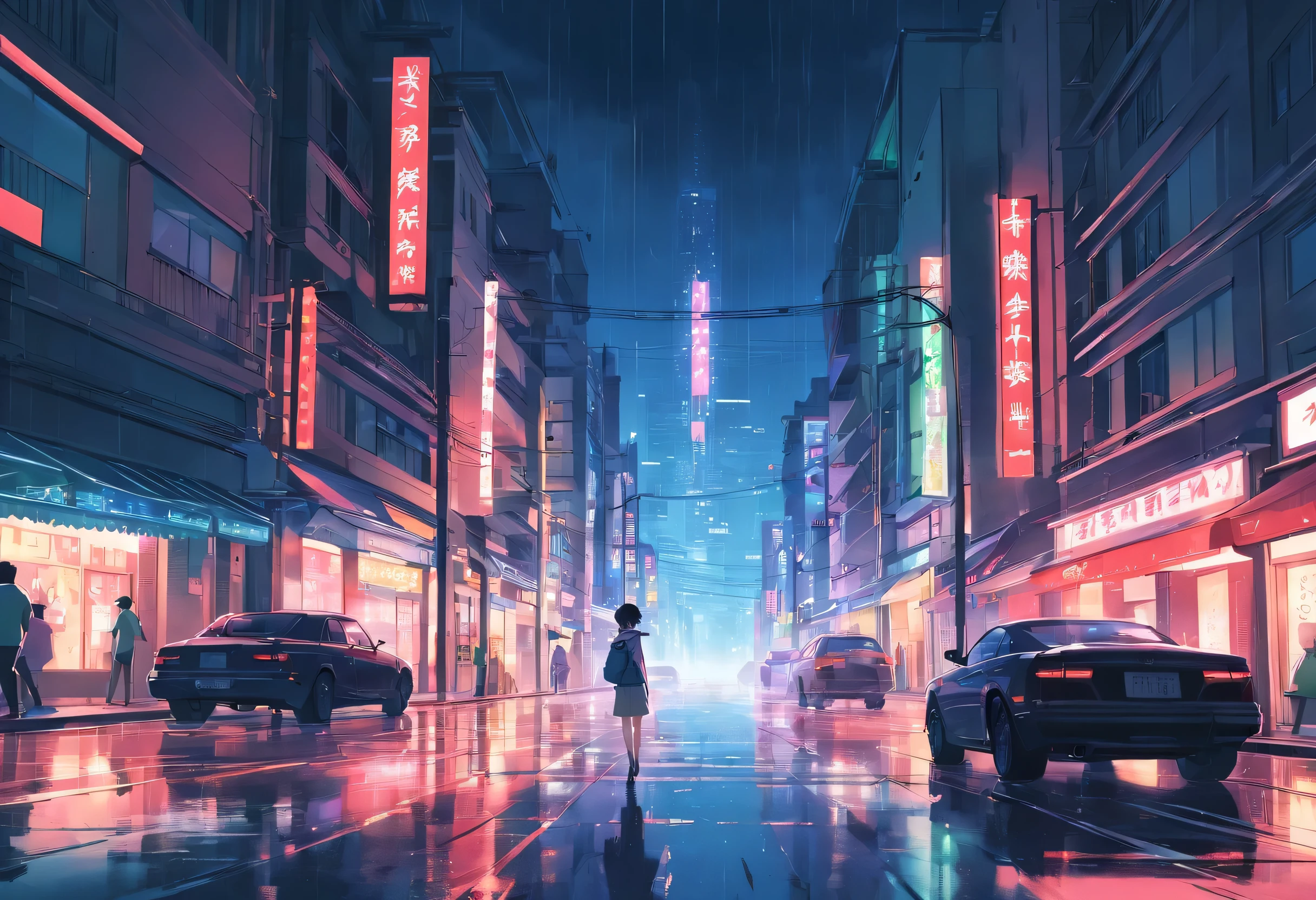 unmanned, city, neon rain hard,  black and white picture，A small amount of red is required