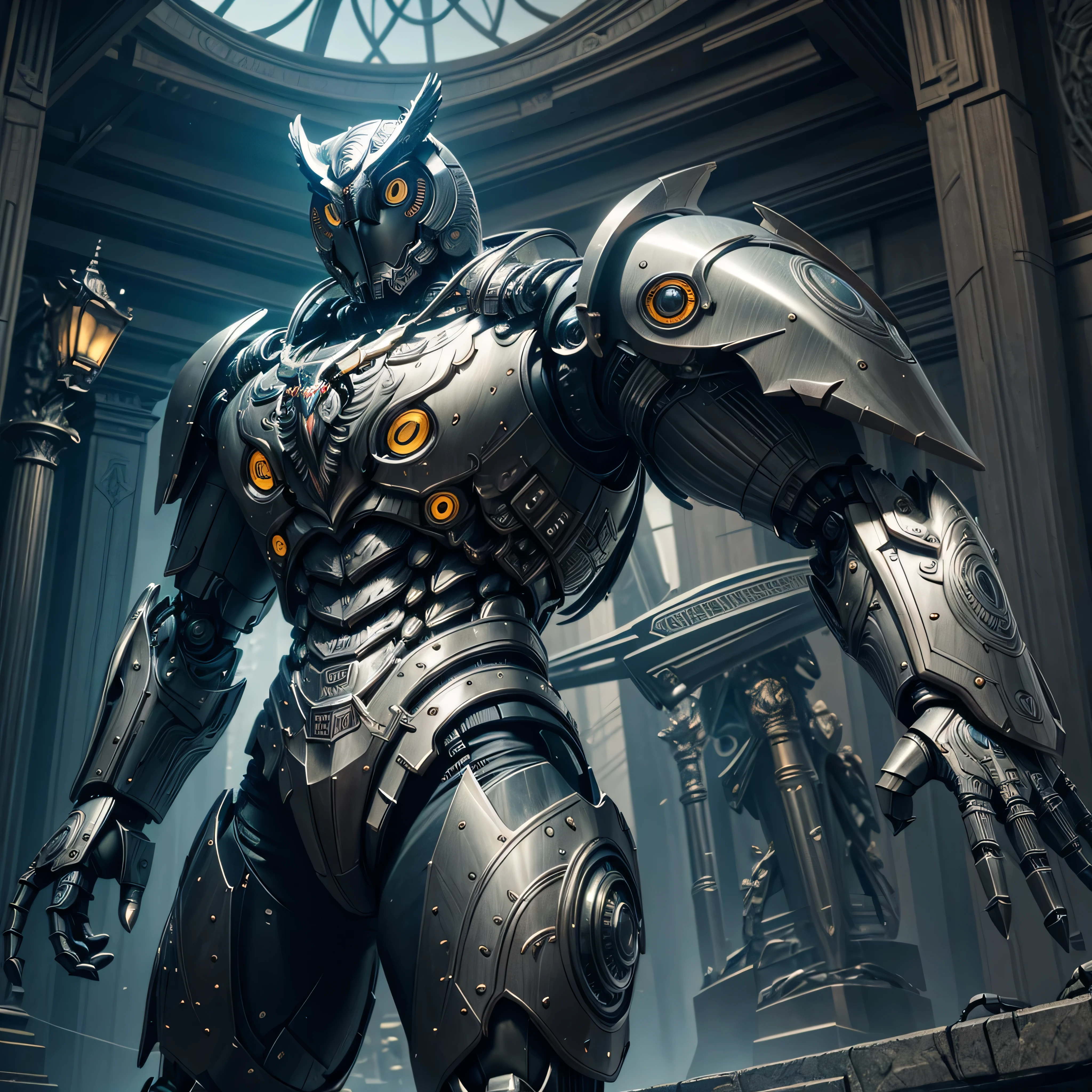 there is a statue of an owl made out of metal, mechanical owl, hyperrealistic robot owl, warrior with metal owl armour, nite - owl, with a giant robot owl, zbrush central contest winner, made in unreal engine 4, made in unreal engine 5, trending on artstation 4k, highly detailed barlowe 8 k, 3d render trending on artstation art by Ray Shark
