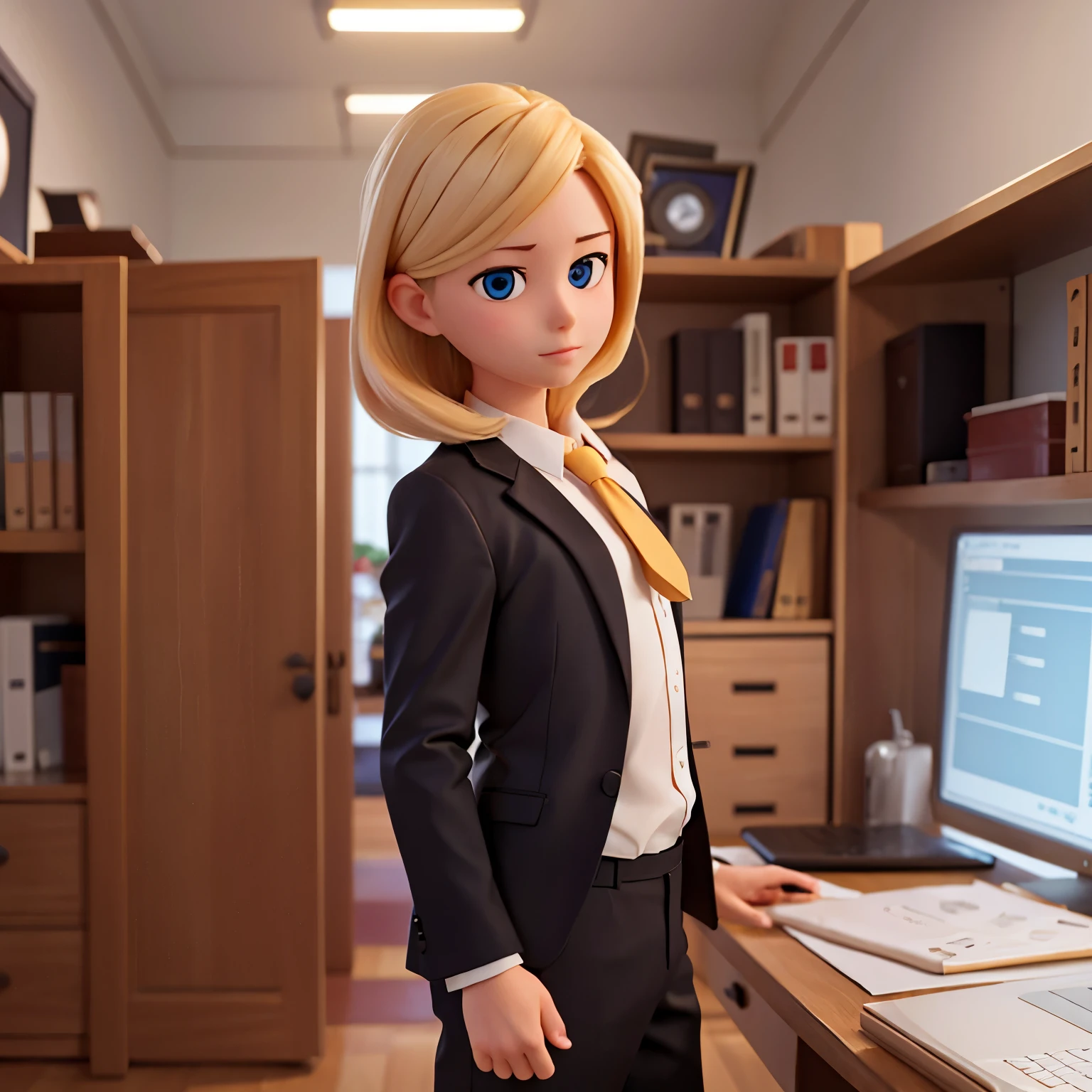 with blond hair and formal clothes working in an engineering office